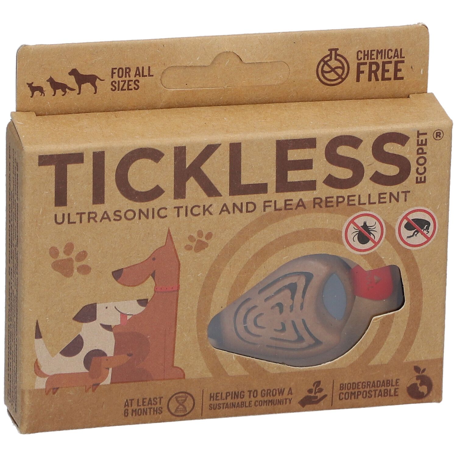 Confezione TICKLESS ECOPet. Scatola di cartone marrone con immagine e testo del prodotto. Prodotto visibile attraverso una finestra.