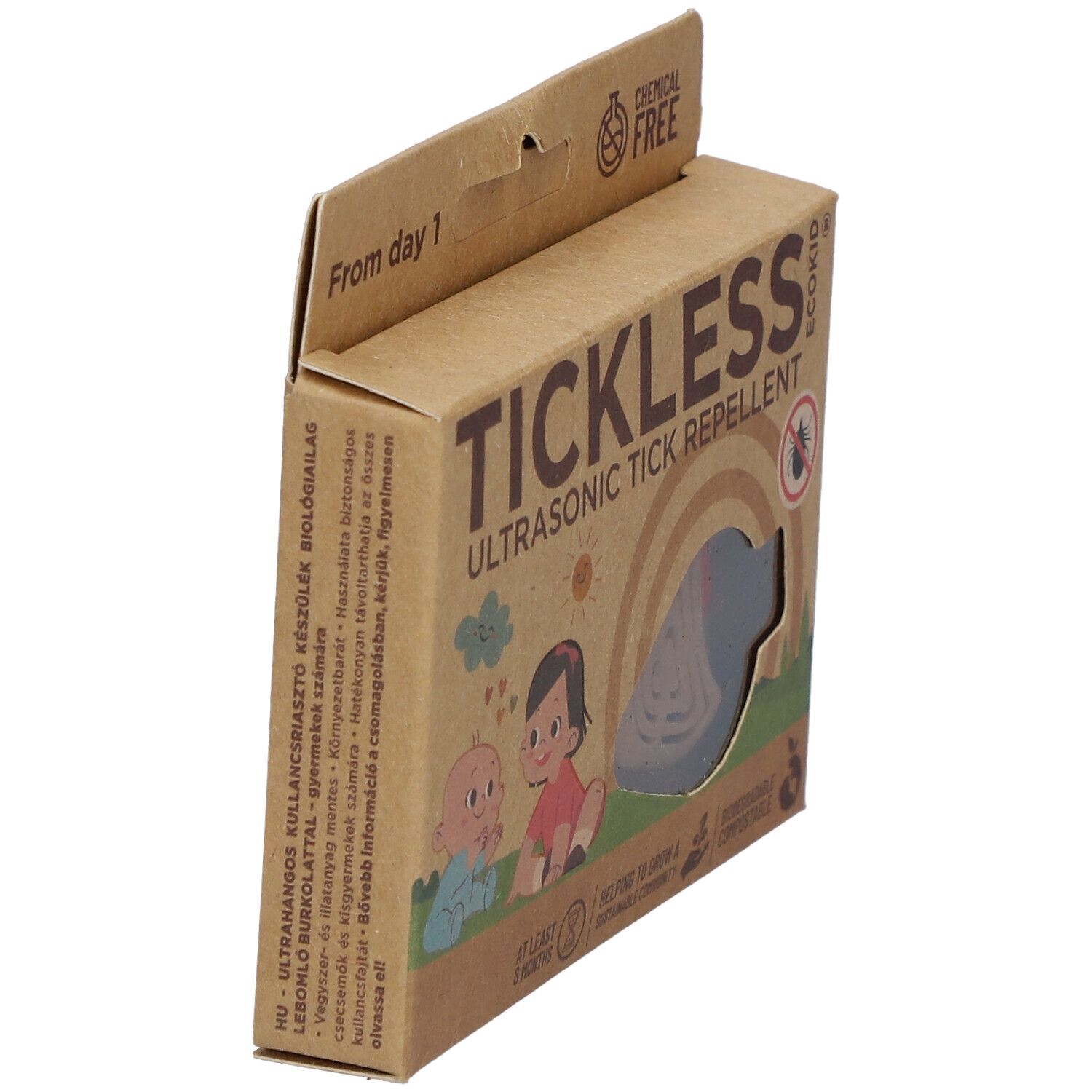 Confezione in cartone Tickless Ecokid, angolata. Scritte: Tickless, repellente ultrasuoni contro le zecche. Testo multilingue.