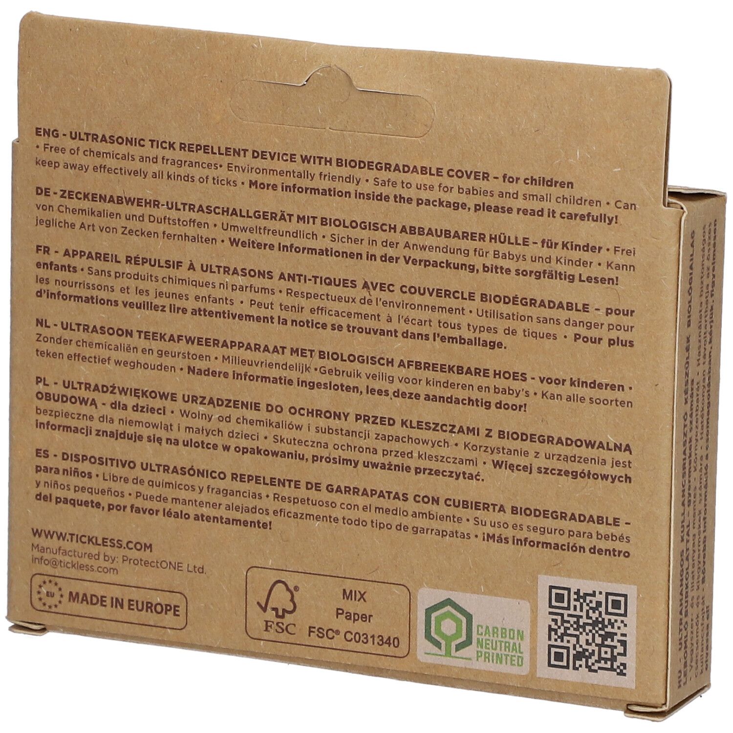 Retro della confezione in cartone Tickless Ecokid. Testo multilingue. Loghi: FSC, Carbon Neutral, Made in Europe.