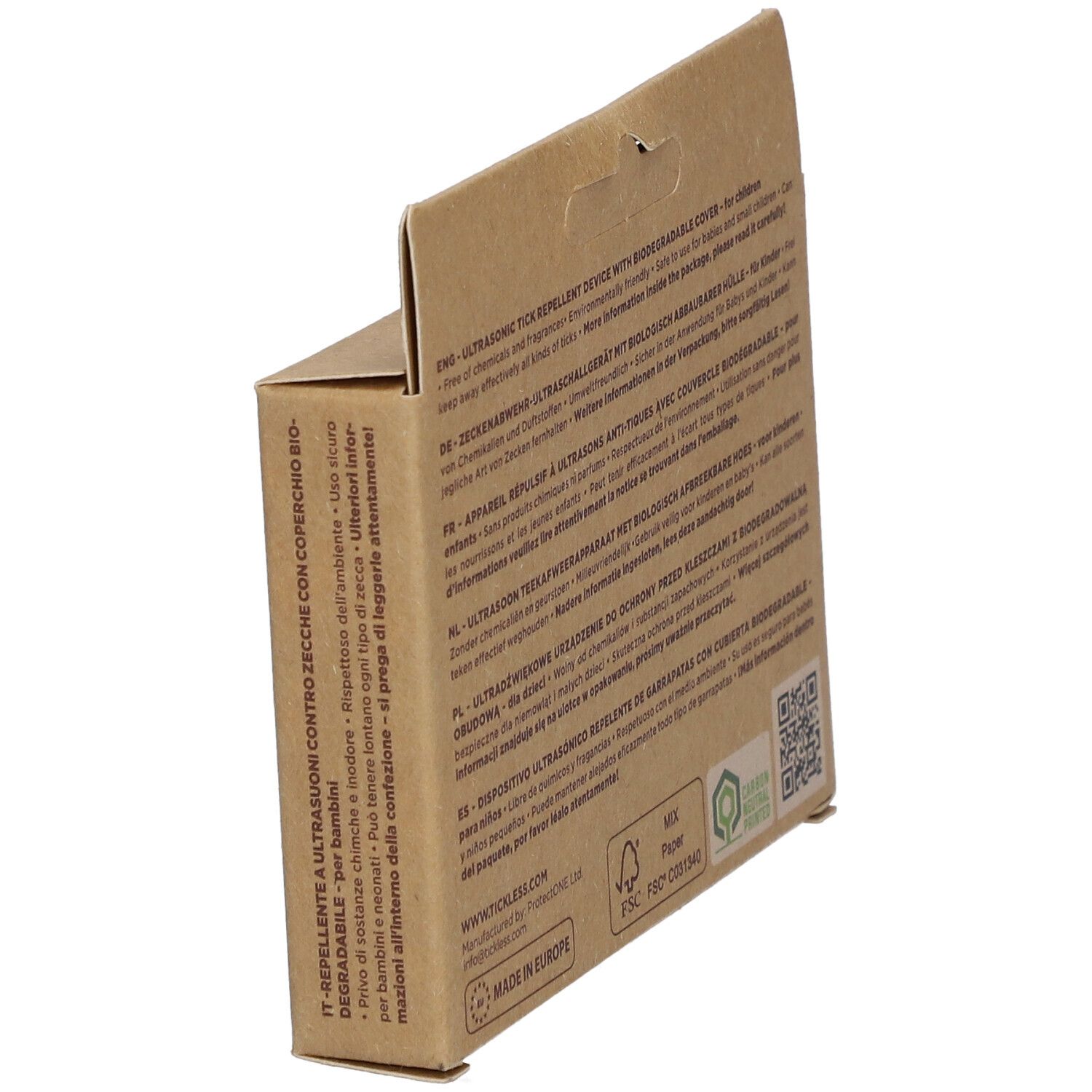 Confezione in cartone Tickless Ecokid, angolata. Retro con testo multilingue. Loghi: FSC, Carbon Neutral, Made in Europe.