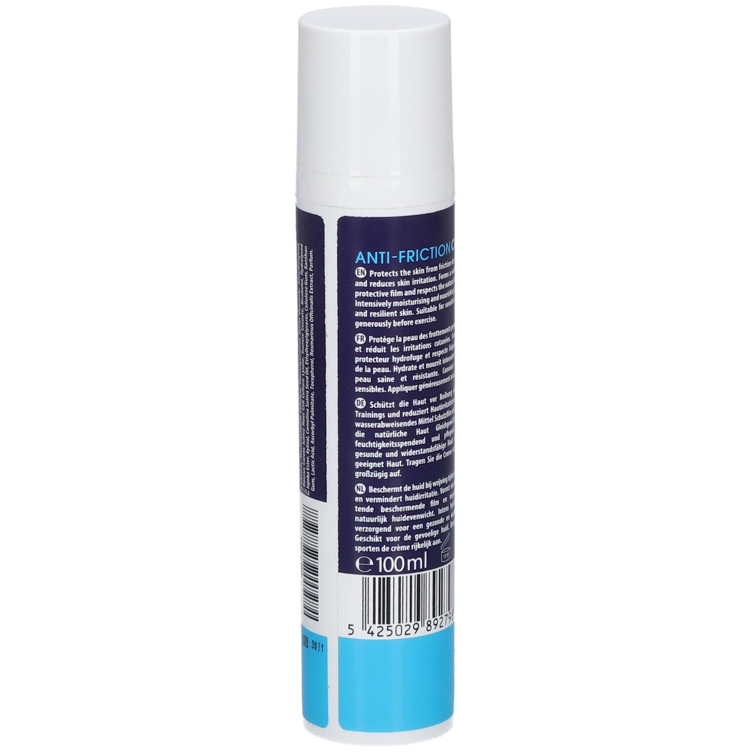 Retro del tubo. Testo multilingue. Volume: 100ml. Codice a barre e base blu.
