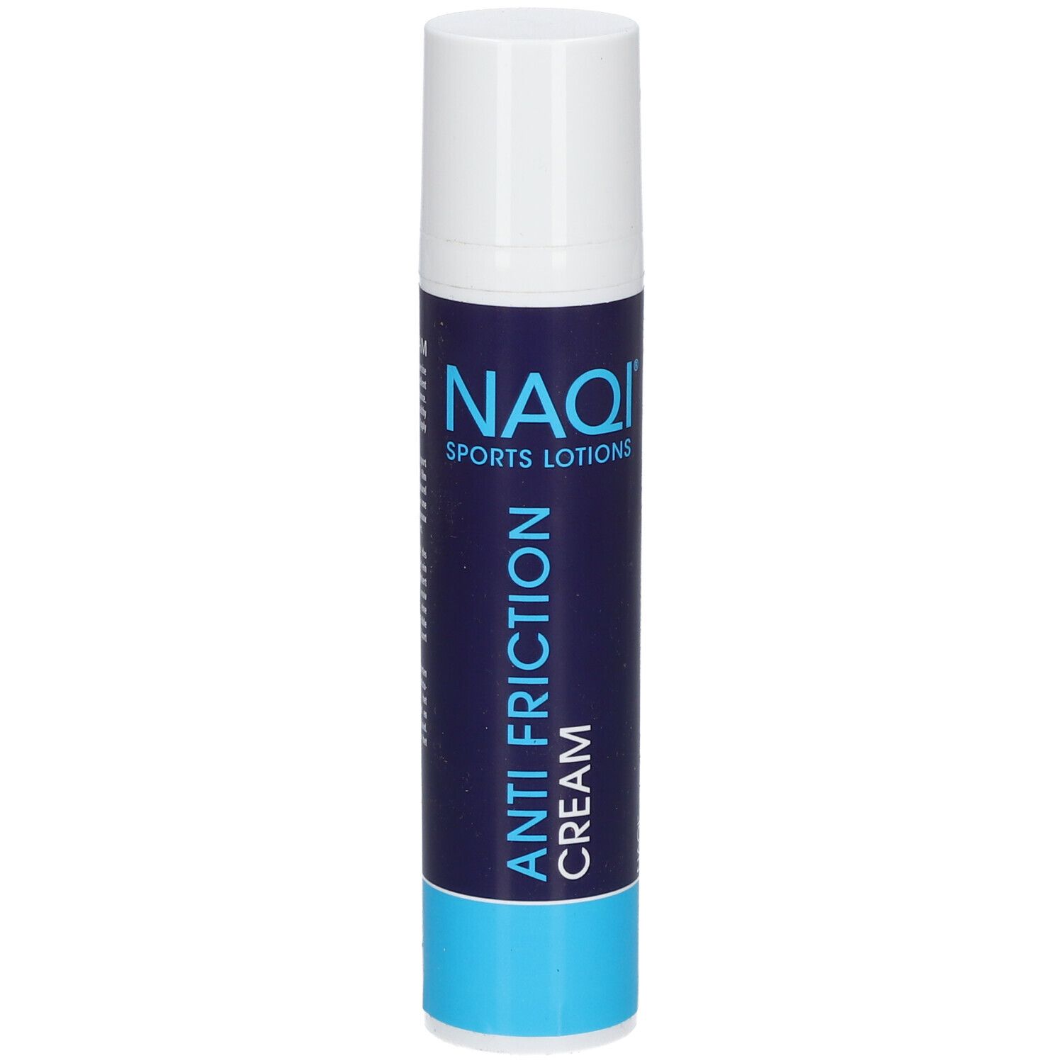 Tubo cilindrico con tappo bianco. Scritta: NAQI SPORTS LOTIONS, ANTI FRICTION CREAM. Colori blu e bianco.