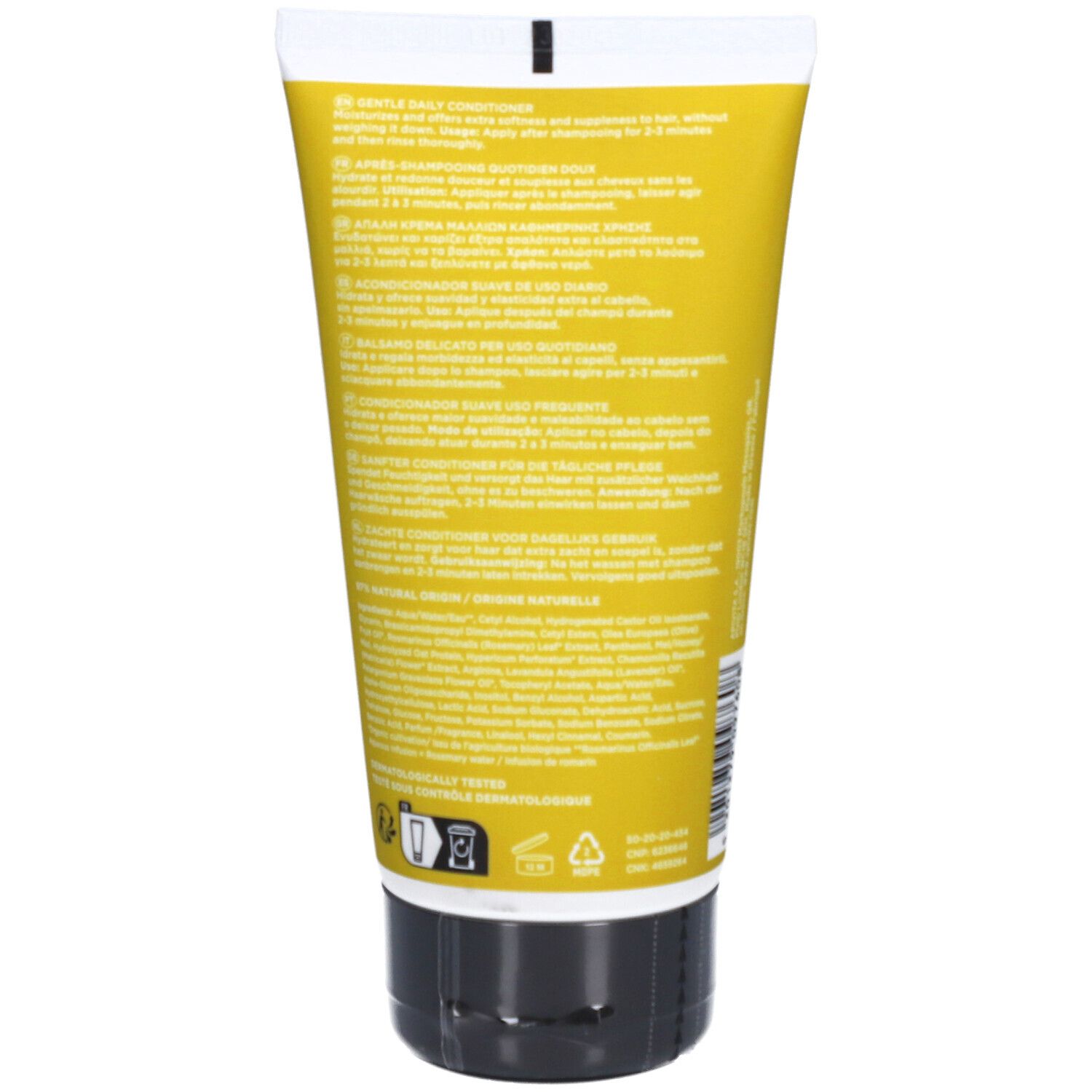 Retro di un tubo giallo. Testo multilingue. Tappo nero. Simboli di riciclaggio.