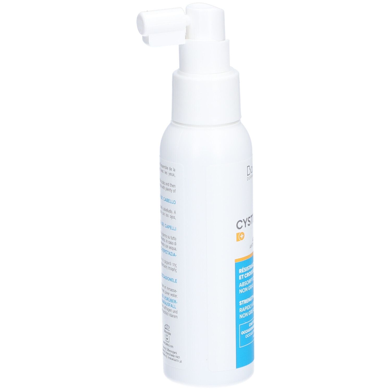 Flacone bianco con erogatore a pompa. Scritta Cystiphane e altre informazioni. Vista laterale.