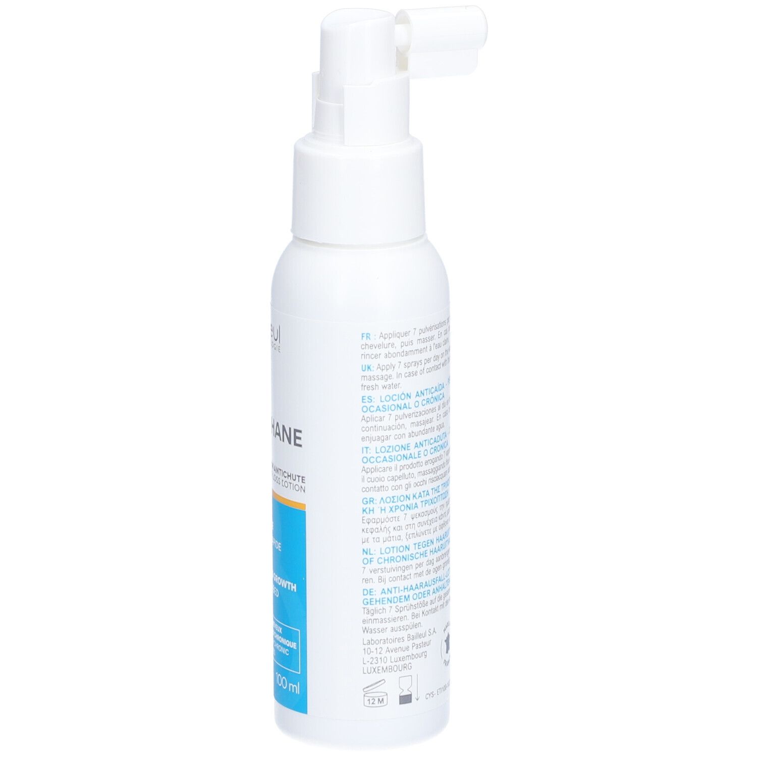 Flacone bianco con erogatore a pompa. Retro con informazioni prodotto in varie lingue.