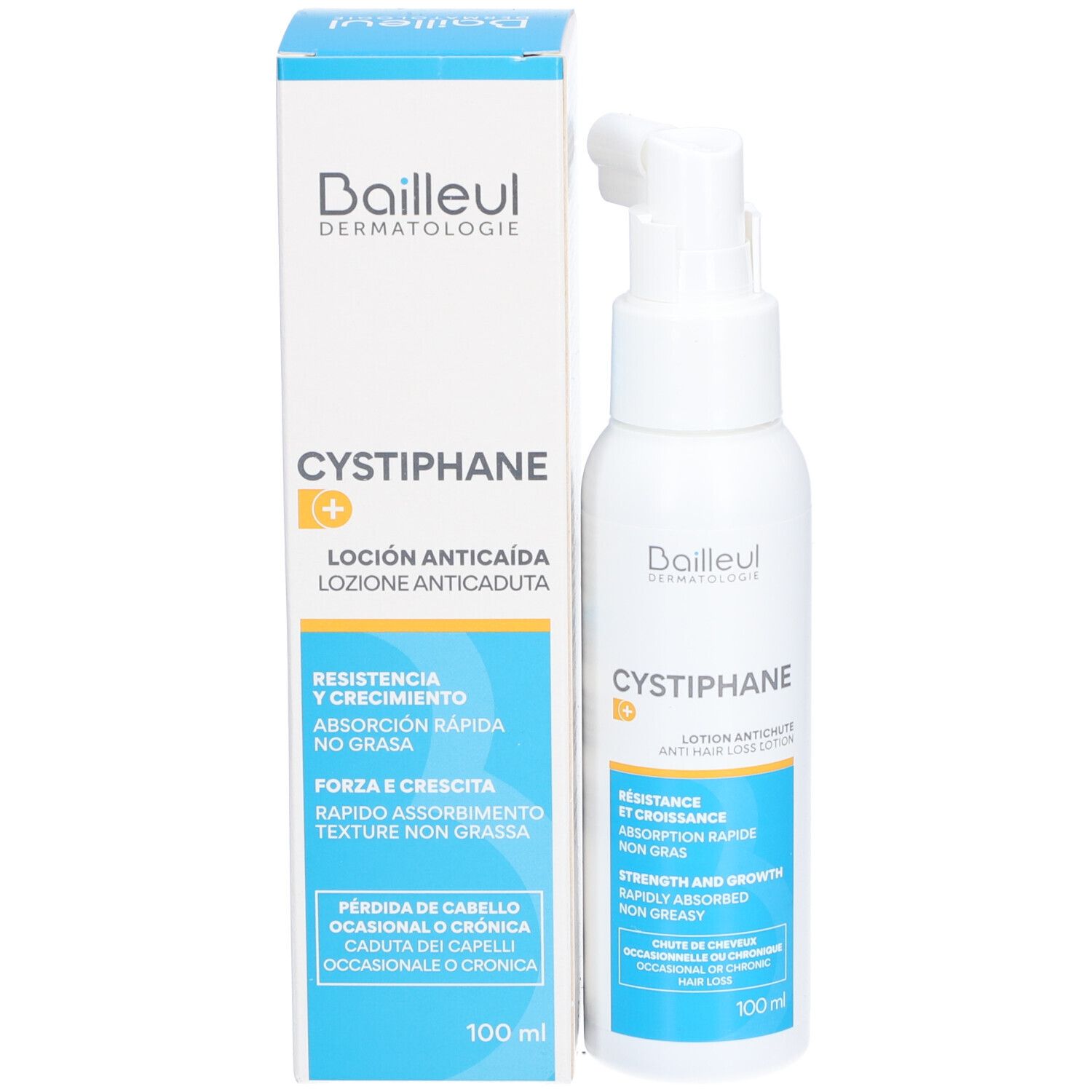 Flacone e confezione. Scritta Cystiphane e altre informazioni. 100 ml.