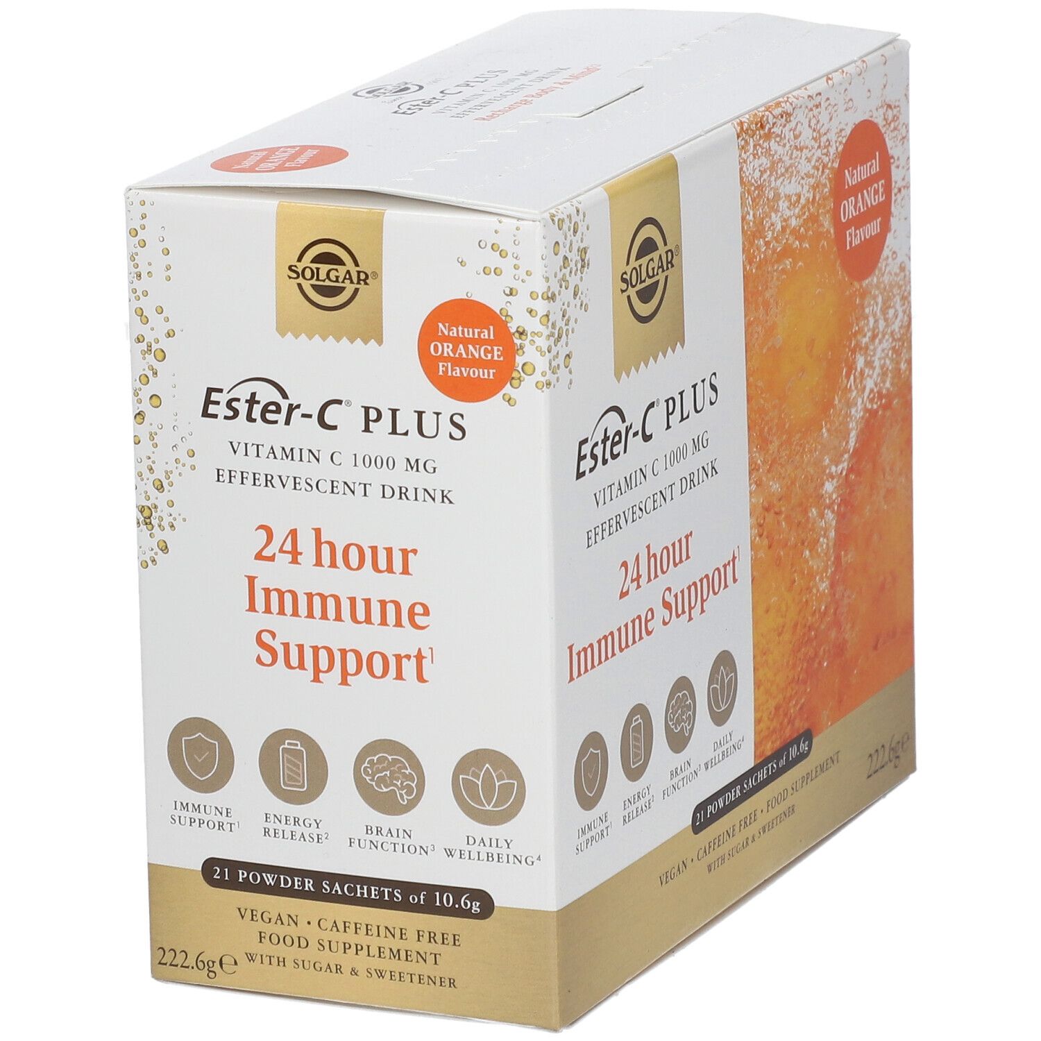 Scatola Solgar Ester-C PLUS Vitamina C 1000 mg. 21 bustine. Scritta: Supporto immunitario 24 ore, aroma naturale di arancia.