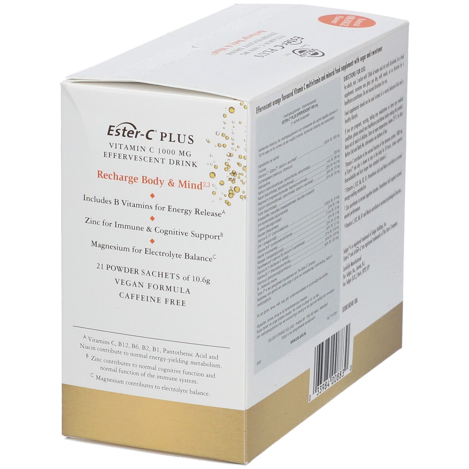 Vista laterale della confezione Solgar Ester-C PLUS. Contiene informazioni sugli ingredienti e l'uso. Codice a barre e informazioni sul produttore.