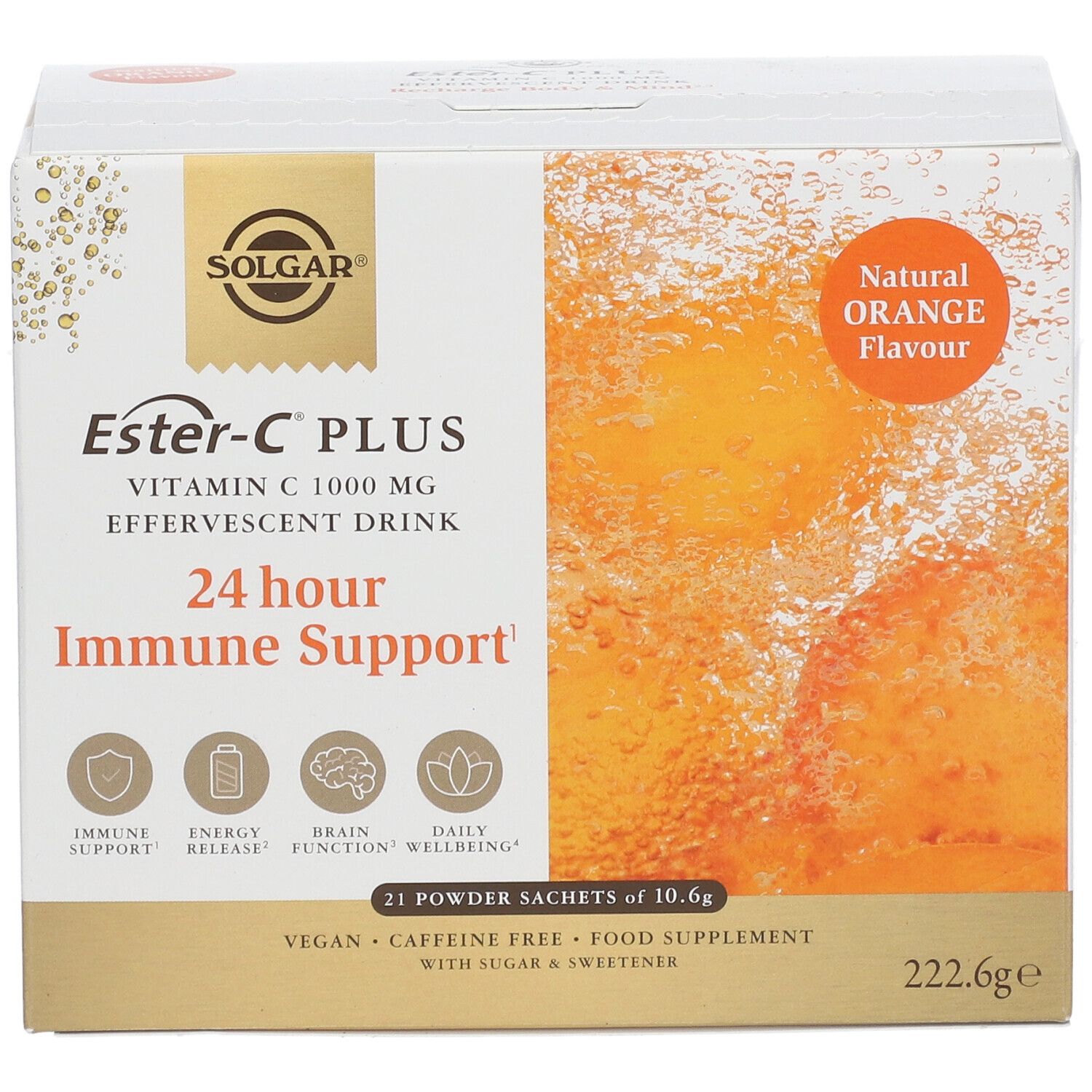 Scatola Solgar Ester-C PLUS Vitamina C 1000 mg. 21 bustine. Scritta: Supporto immunitario 24 ore, aroma naturale di arancia.