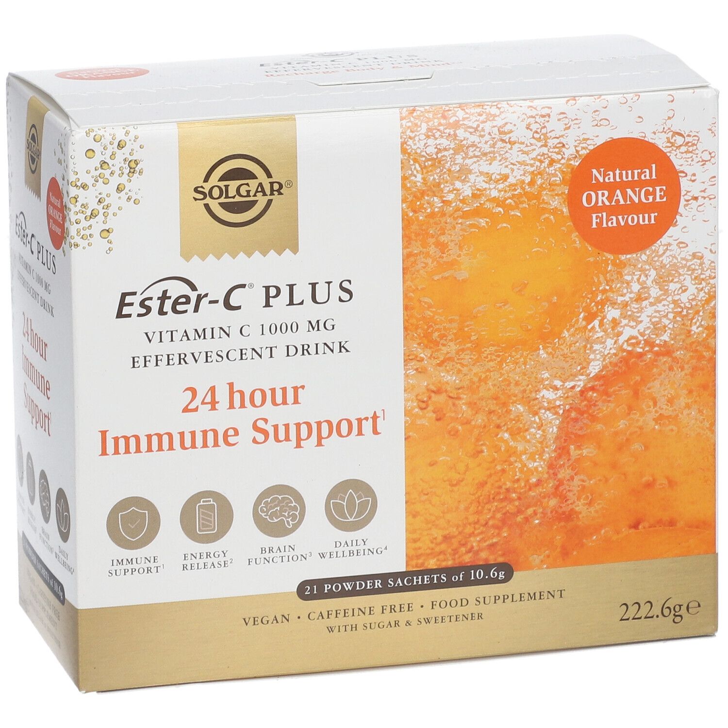 Scatola Solgar Ester-C PLUS Vitamina C 1000 mg. 21 bustine. Scritta: Supporto immunitario 24 ore, aroma naturale di arancia.