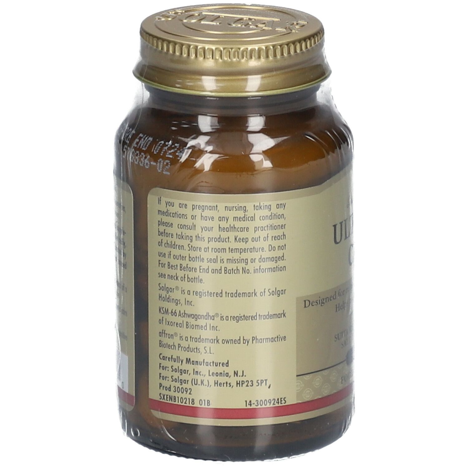 Retro del flacone in vetro marrone. Etichetta con informazioni sugli ingredienti e il produttore.