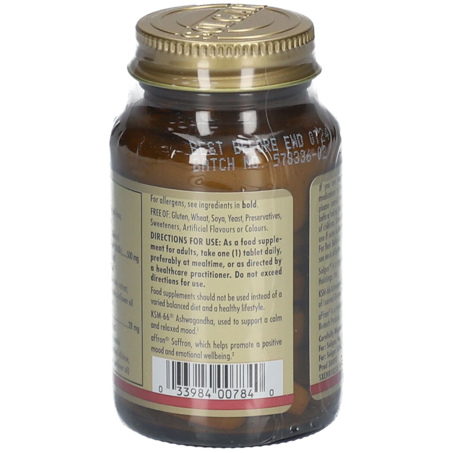 Retro del flacone in vetro marrone. Etichetta con ingredienti, dosaggio e avvertenze.