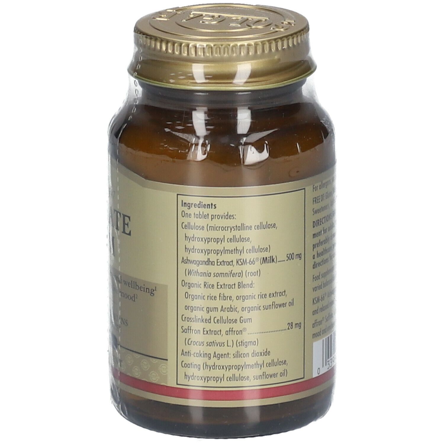 Retro del flacone in vetro marrone. Etichetta con ingredienti e informazioni nutrizionali.