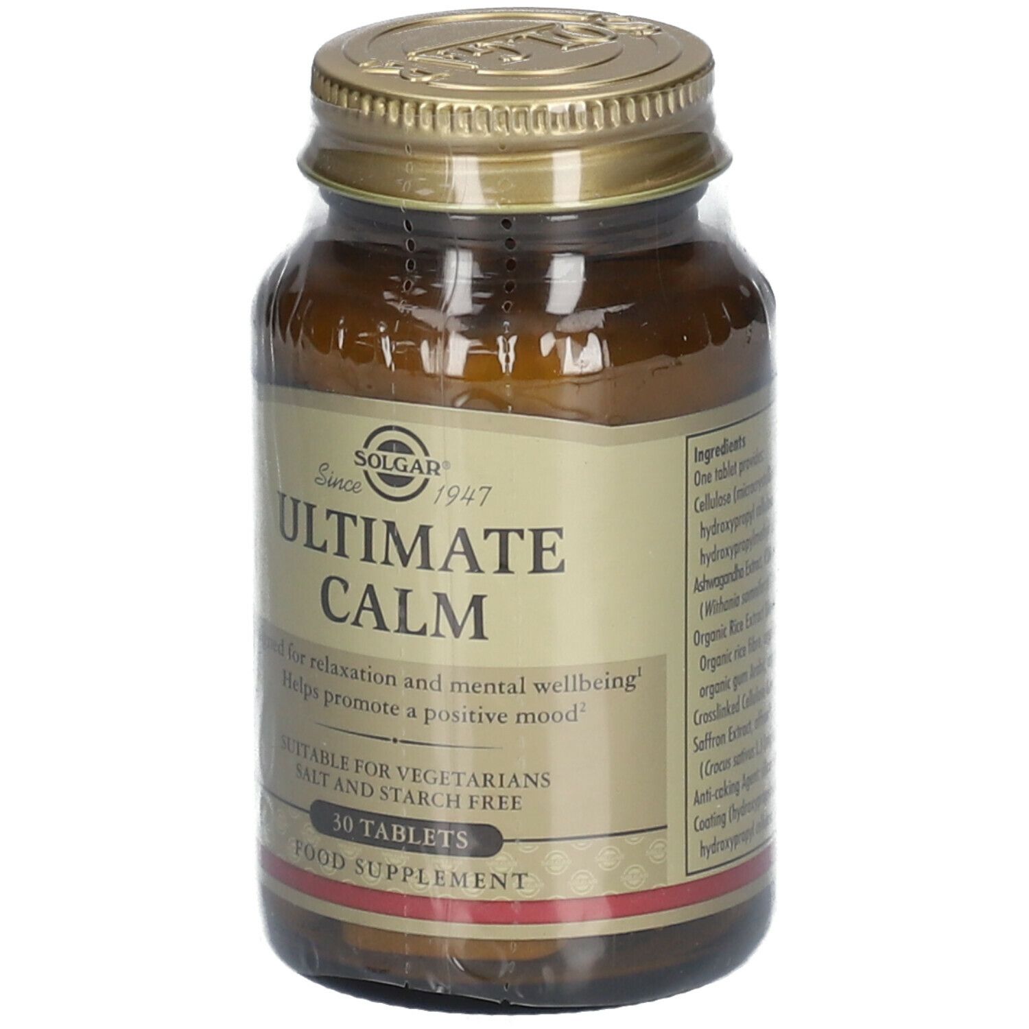 Flacone in vetro marrone, tappo dorato. Etichetta SOLGAR® Ultimate Calm. 30 compresse.