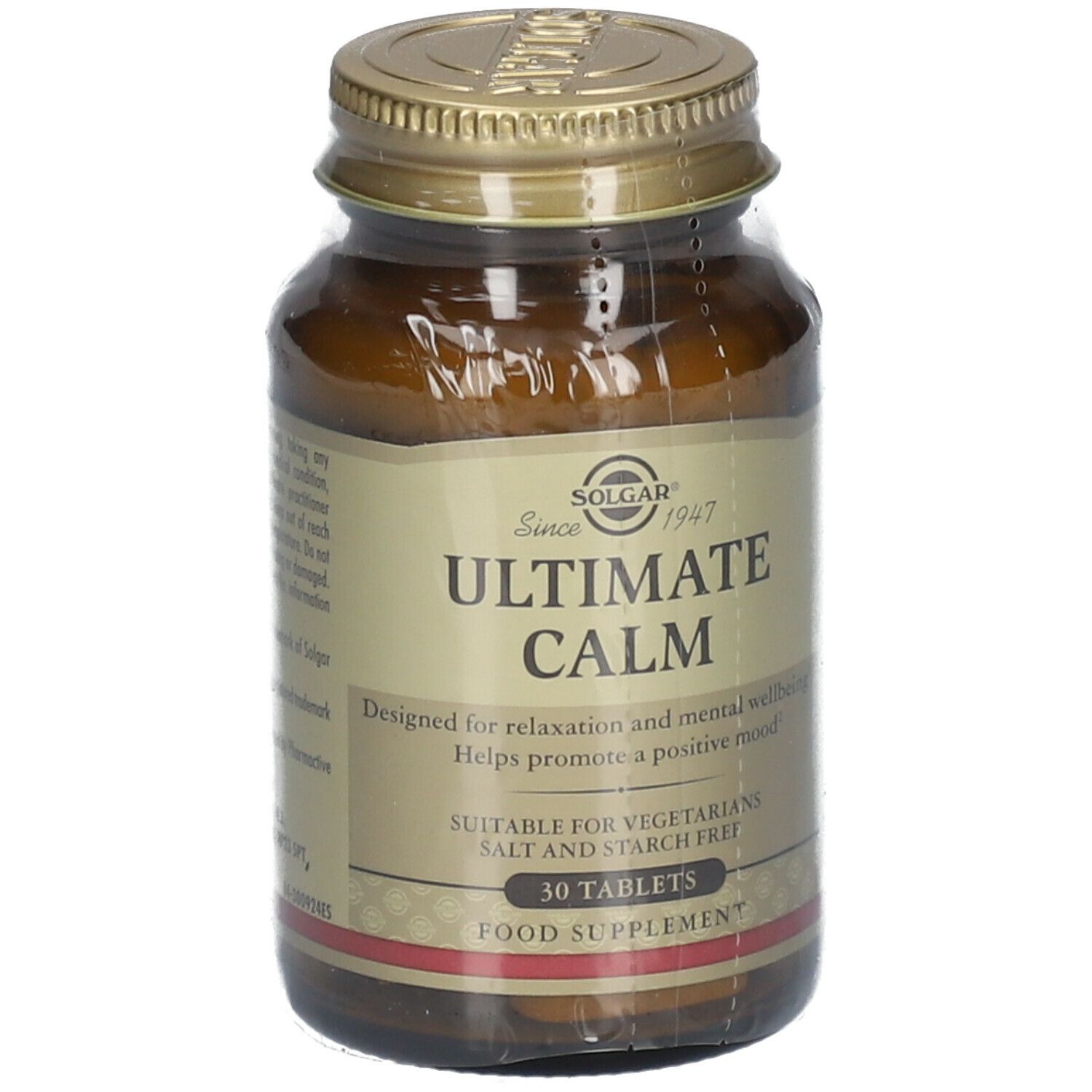 Flacone in vetro marrone, tappo dorato. Etichetta SOLGAR® Ultimate Calm. 30 compresse.