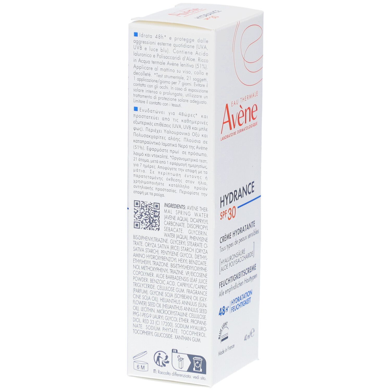 Scatola bianca, retro con informazioni prodotto. Marca Avene, Hydrance SPF 30. Ingredienti, istruzioni per l'uso.
