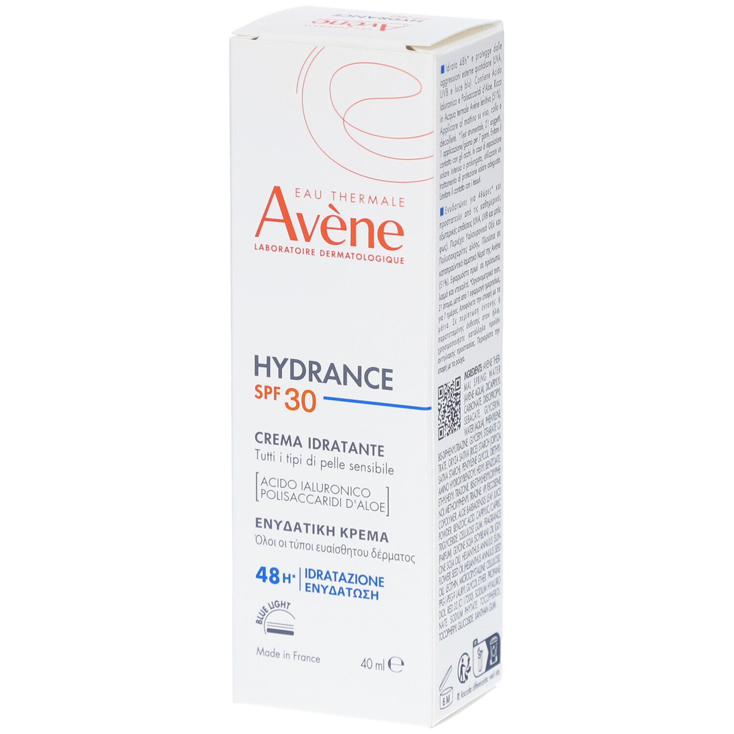 Scatola bianca con informazioni prodotto. Marca Avene, Hydrance SPF 30. Crema per pelli sensibili. Idratazione 48h.