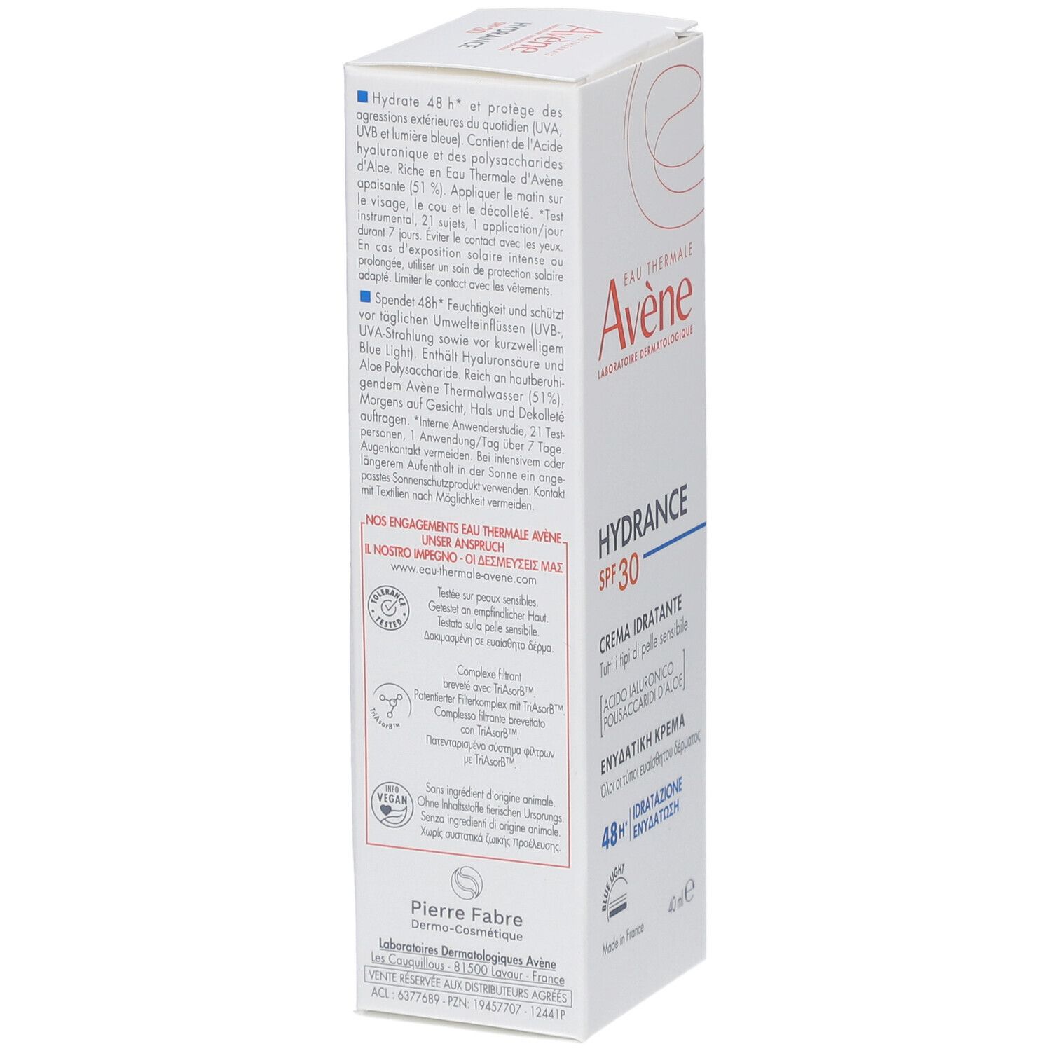 Scatola bianca, retro con informazioni prodotto. Marca Avene, Hydrance SPF 30. Ingredienti, istruzioni per l'uso.