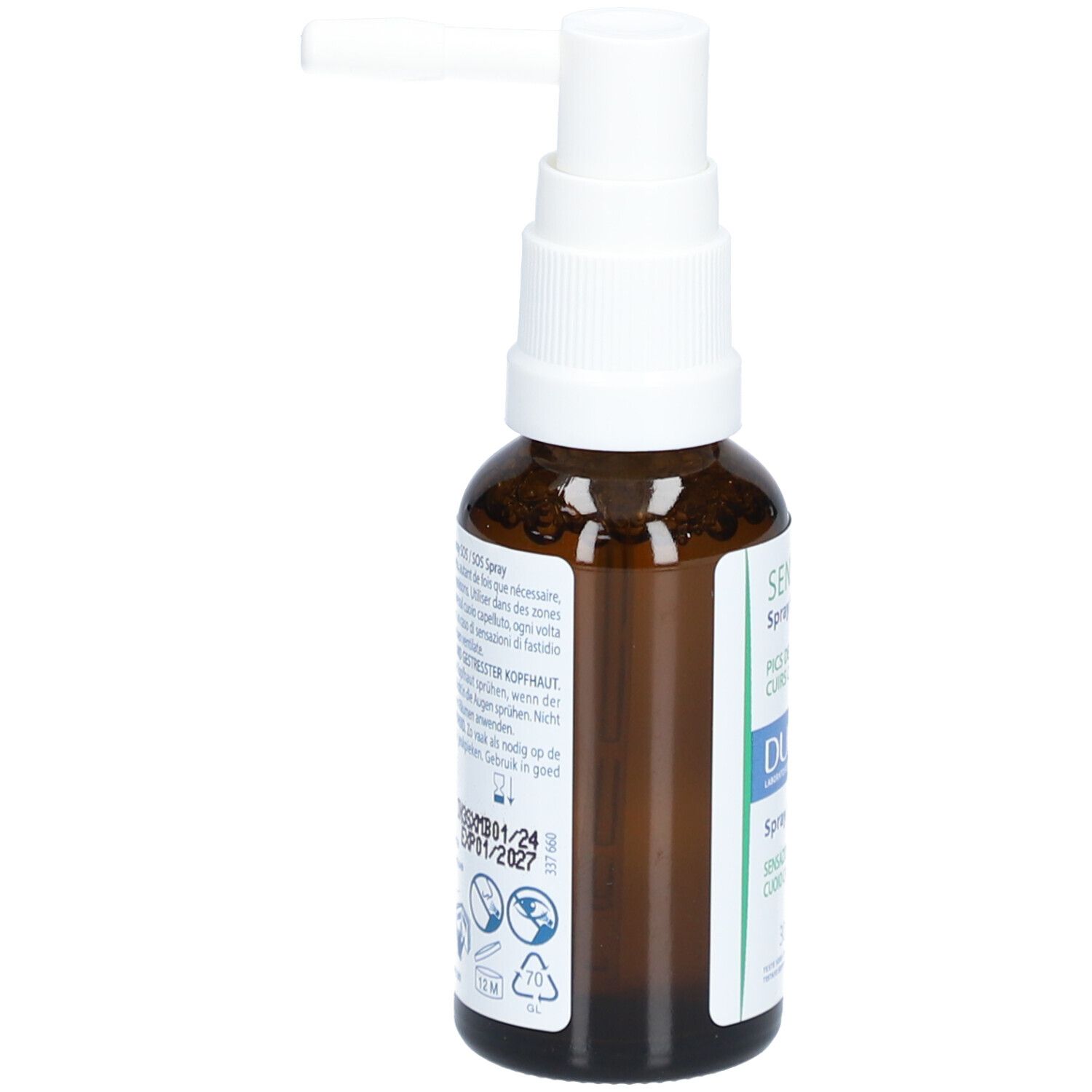 Flacone di vetro marrone con erogatore bianco, vista laterale. Scritta: Sensinol Spray SOS, Ducray.