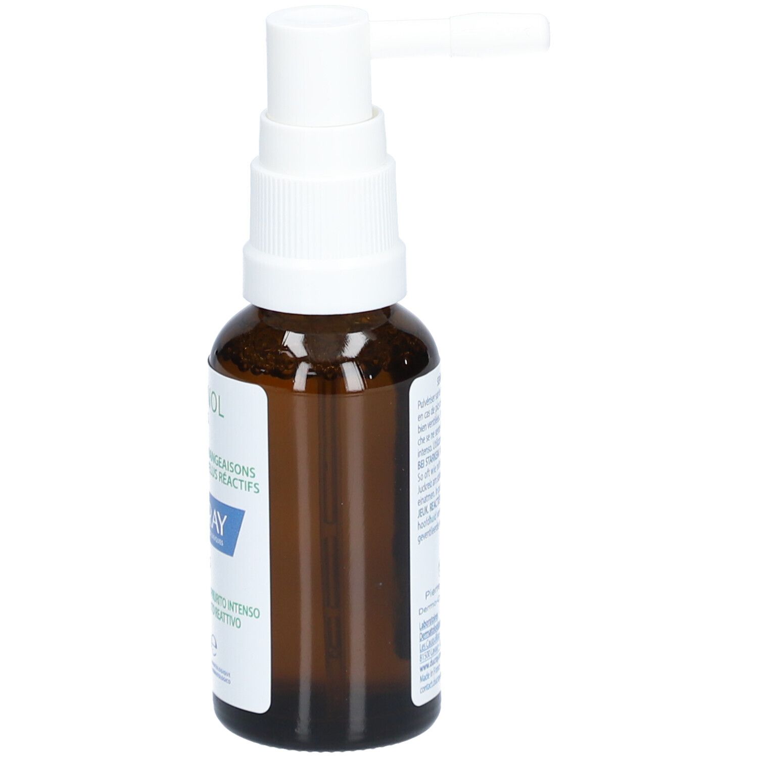 Flacone di vetro marrone con erogatore bianco. Scritta: Sensinol Spray SOS, Ducray. 30 ml.