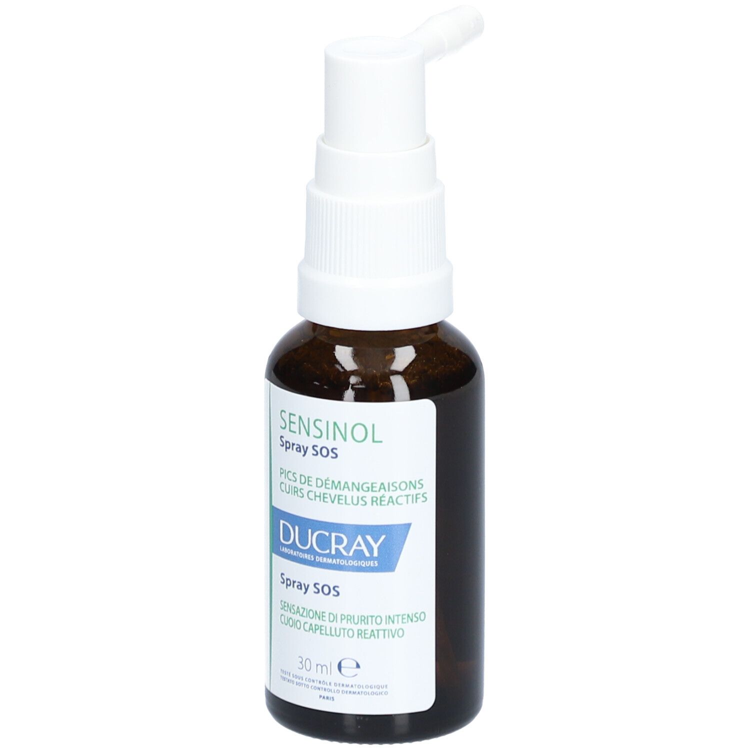 Flacone di vetro marrone con erogatore bianco. Scritta: Sensinol Spray SOS, Ducray. 30 ml.