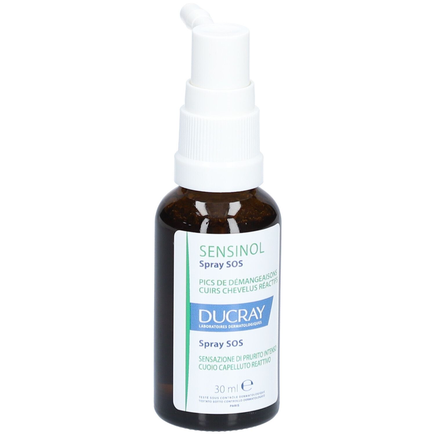 Flacone di vetro marrone con erogatore bianco. Scritta: Sensinol Spray SOS, Ducray. 30 ml.