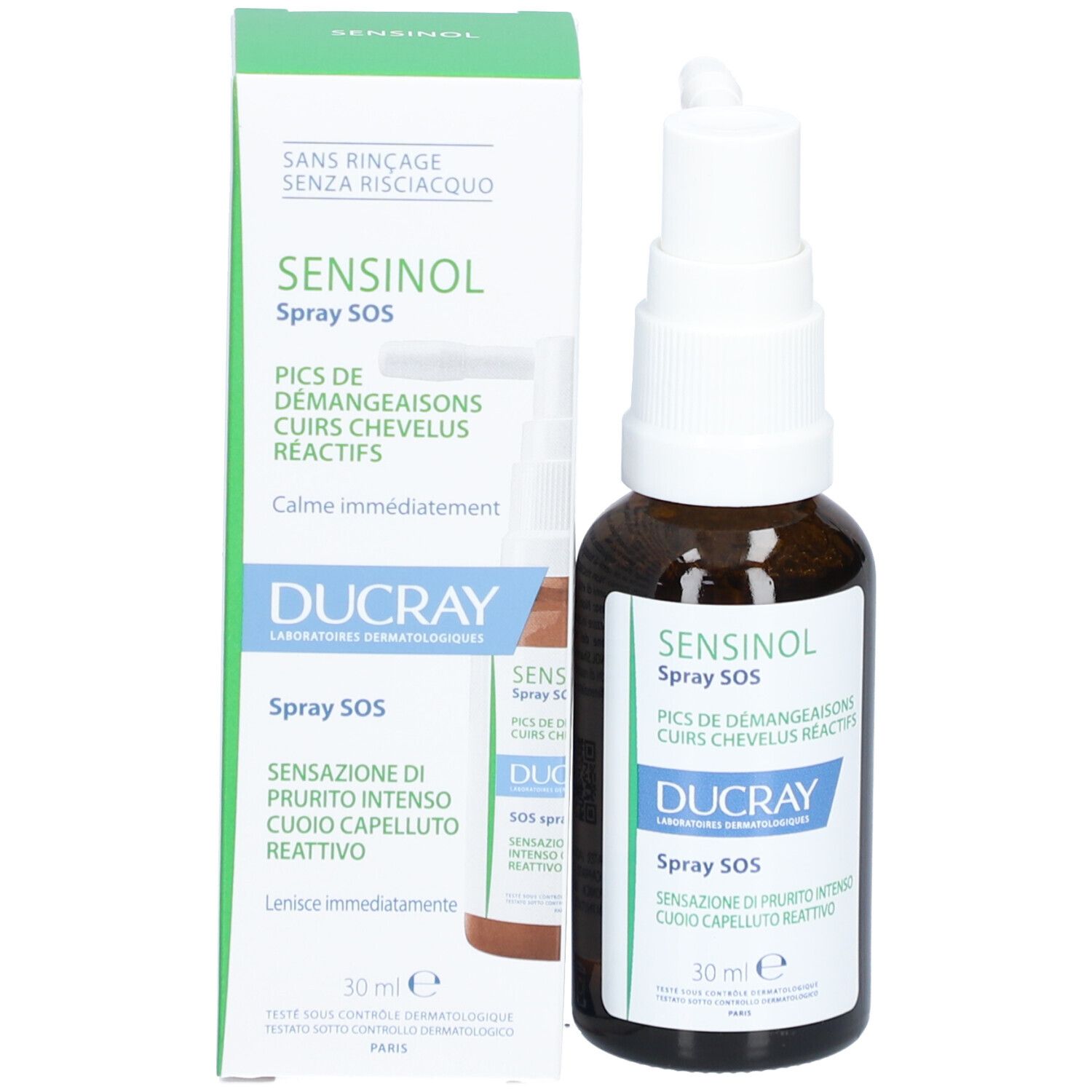 Flacone e confezione del prodotto. Scritta: Sensinol Spray SOS, Ducray. 30 ml.