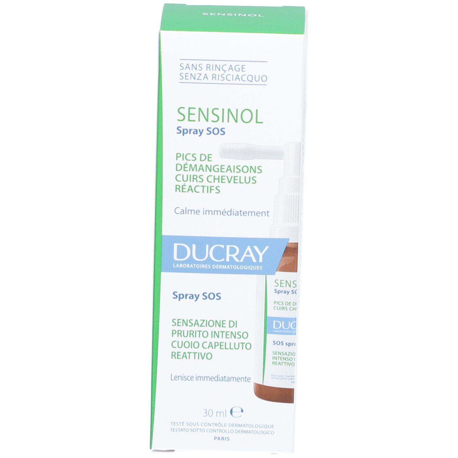Confezione del prodotto. Scritta: Sensinol Spray SOS, Ducray.