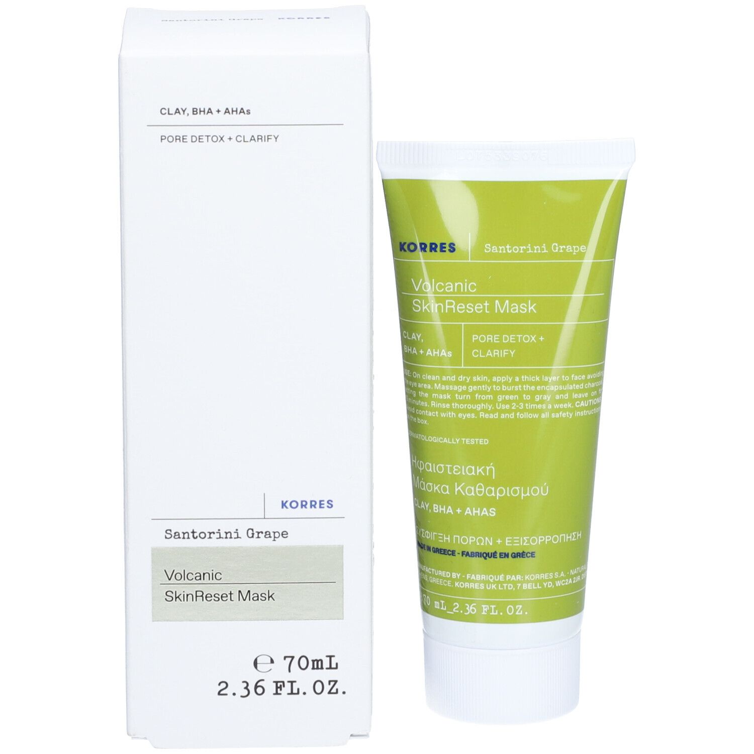 KORRES Santorini Grape maschera e confezione. Tubo e scatola. Testo: Volcanic SkinReset Mask, 70ml.