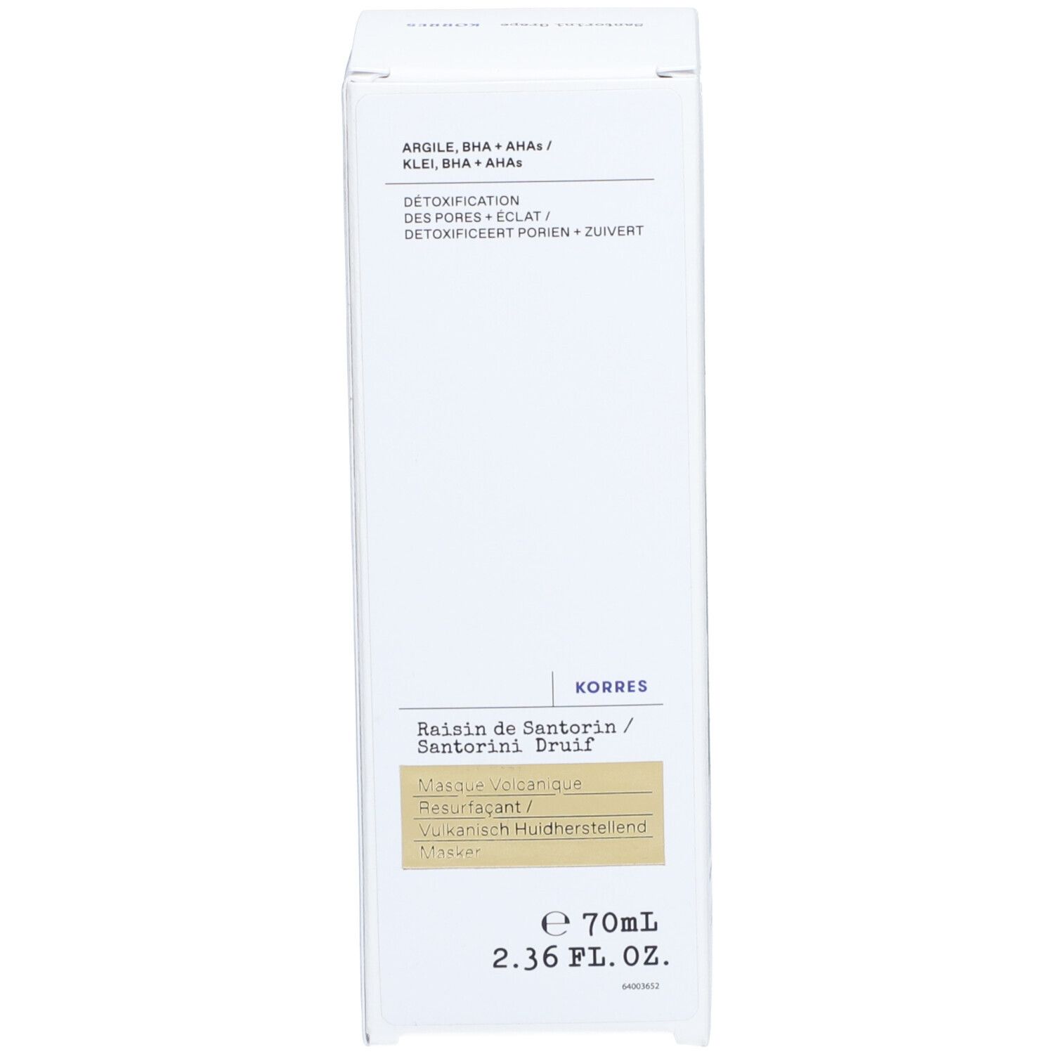 Confezione KORRES Santorini Grape. Scatola bianca. Testo: Masque Volcanique, 70ml.