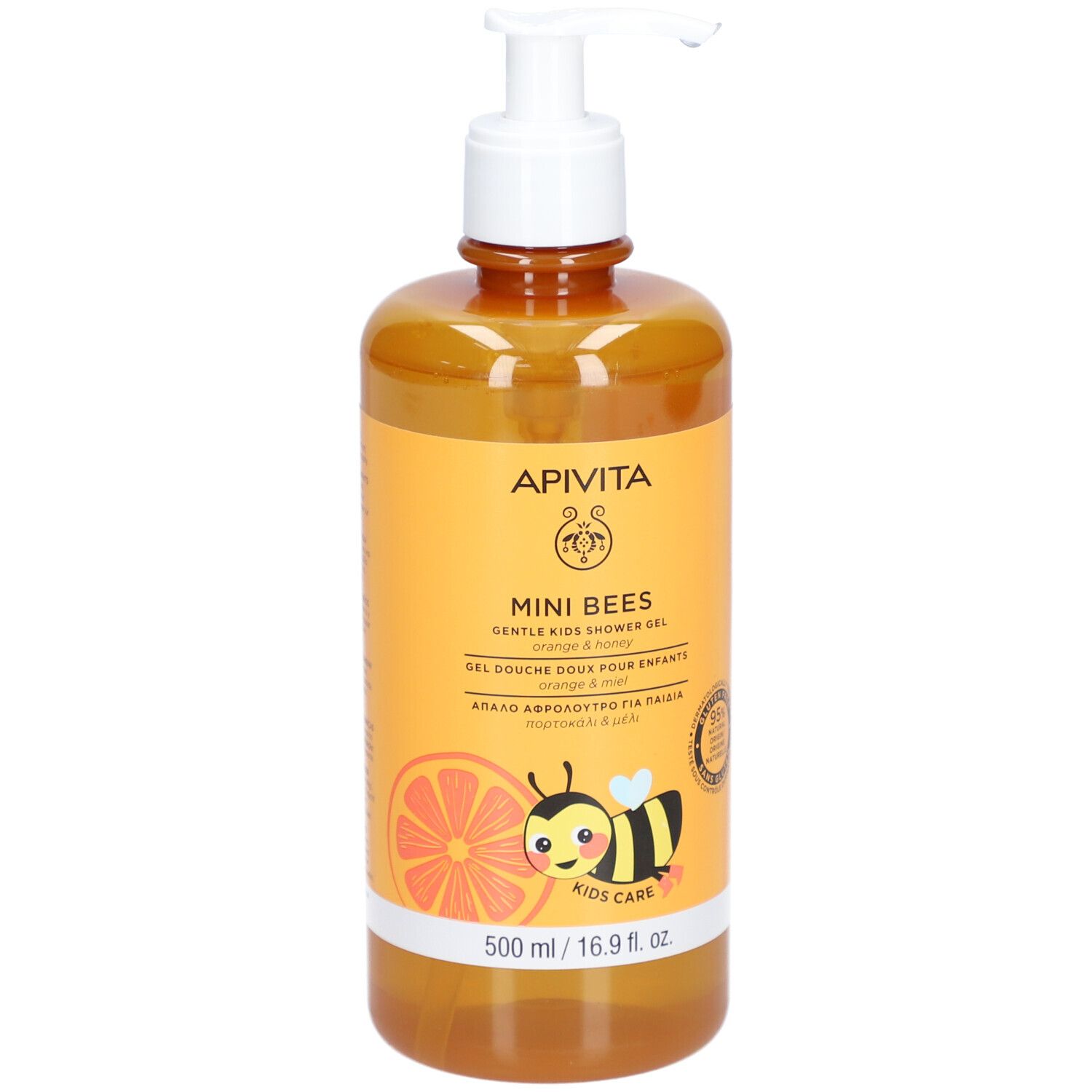 Gel doccia per bambini, flacone con dosatore. Etichetta arancione con nome prodotto, illustrazione e logo.