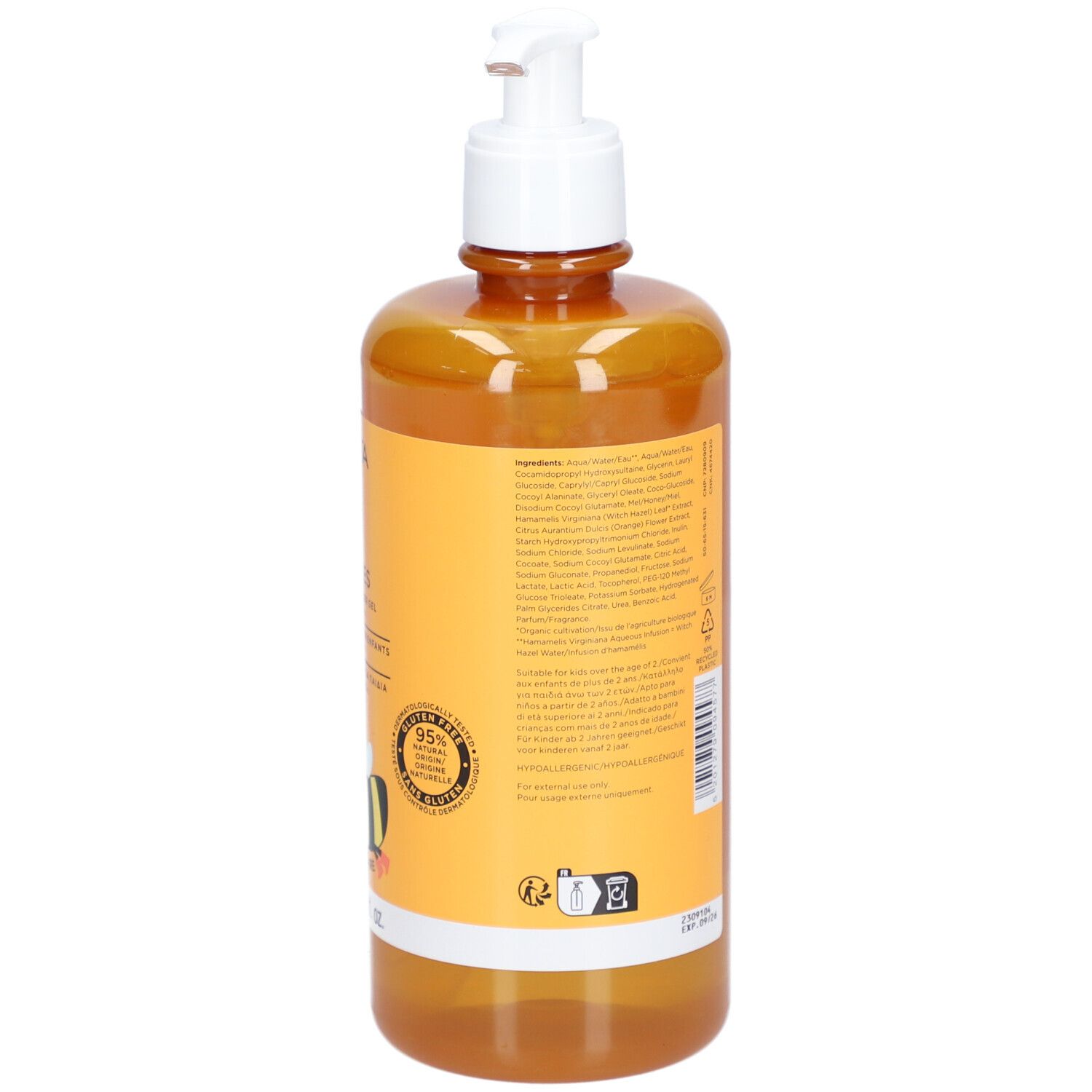 Retro del flacone di gel doccia per bambini. Testo, loghi e informazioni sul riciclo.