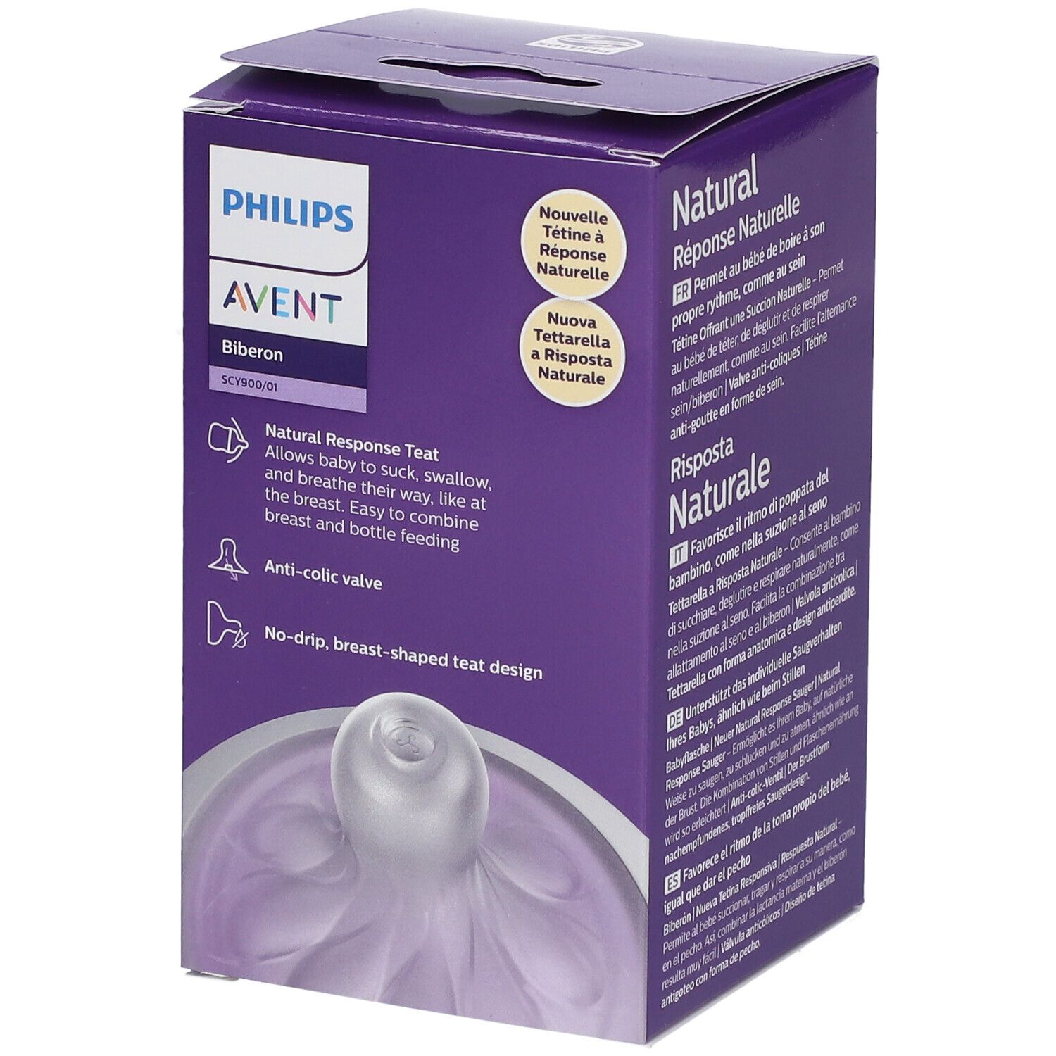Biberon PHILIPS AVENT Natural Response in confezione viola. Design della tettarella. Testo: Natural Response Teat.