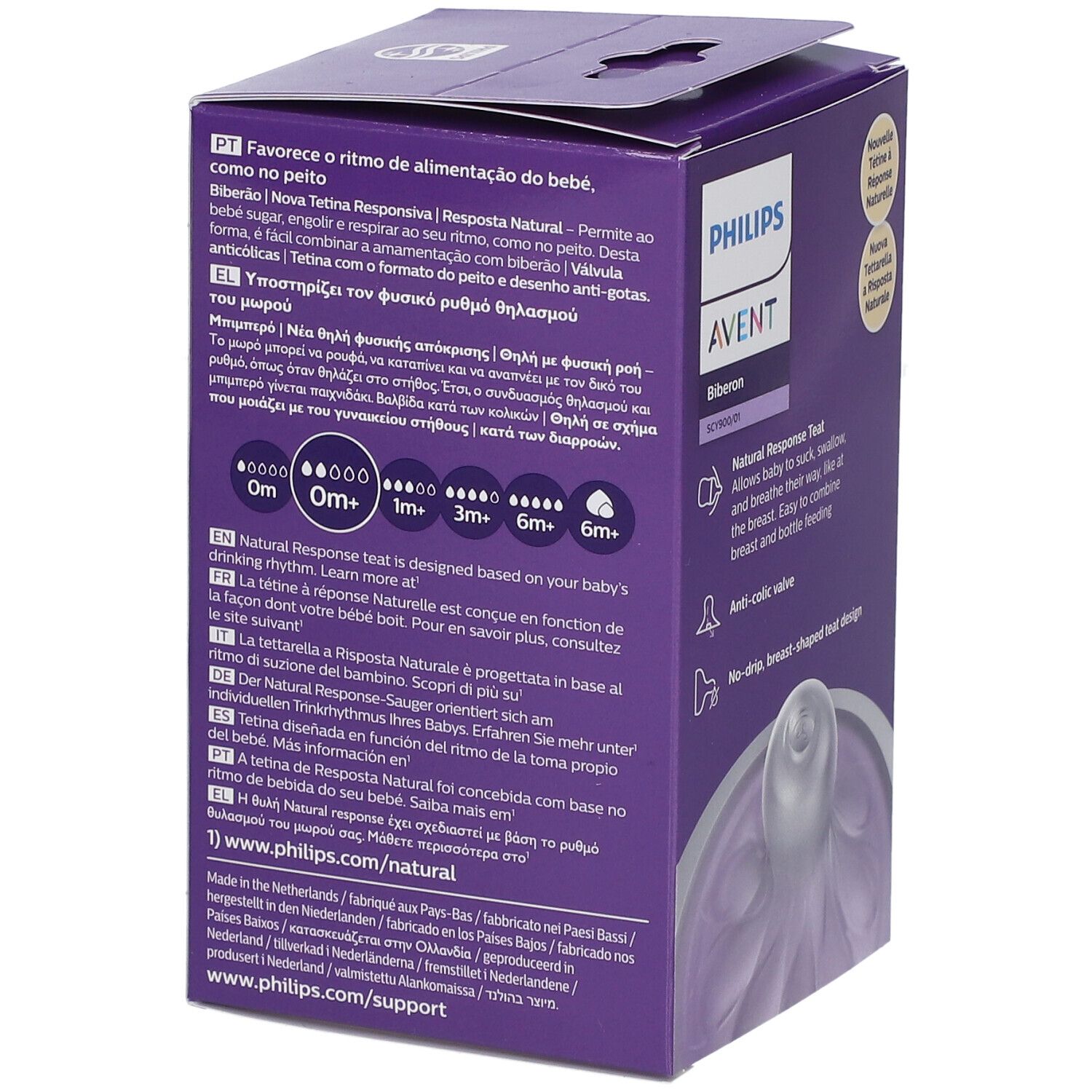 Retro della confezione viola del biberon PHILIPS AVENT Natural Response. Testo multilingue, indicazioni di età.