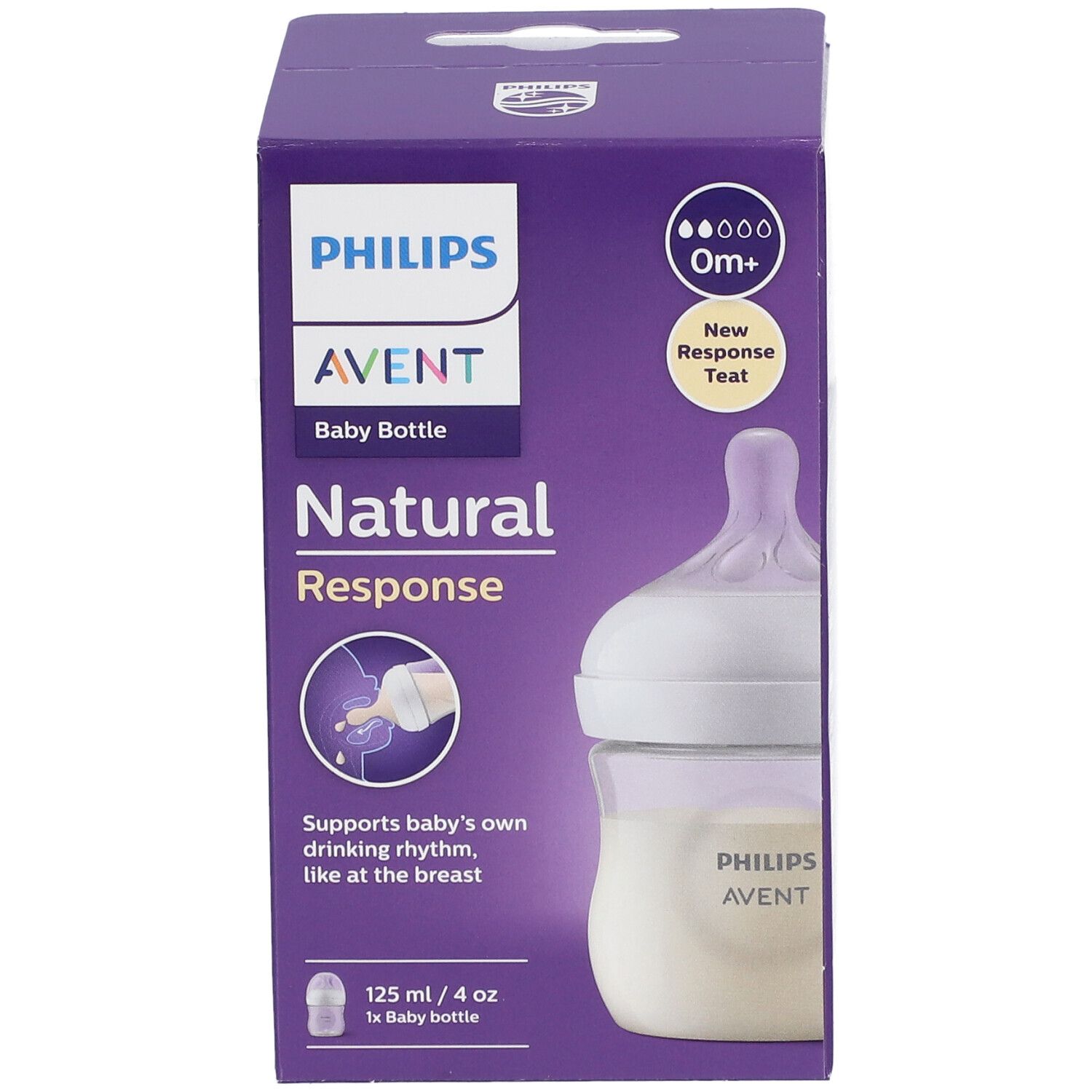 Biberon PHILIPS AVENT Natural Response in confezione viola. Bottiglia con tettarella, 125 ml. Indicazione 0m+.