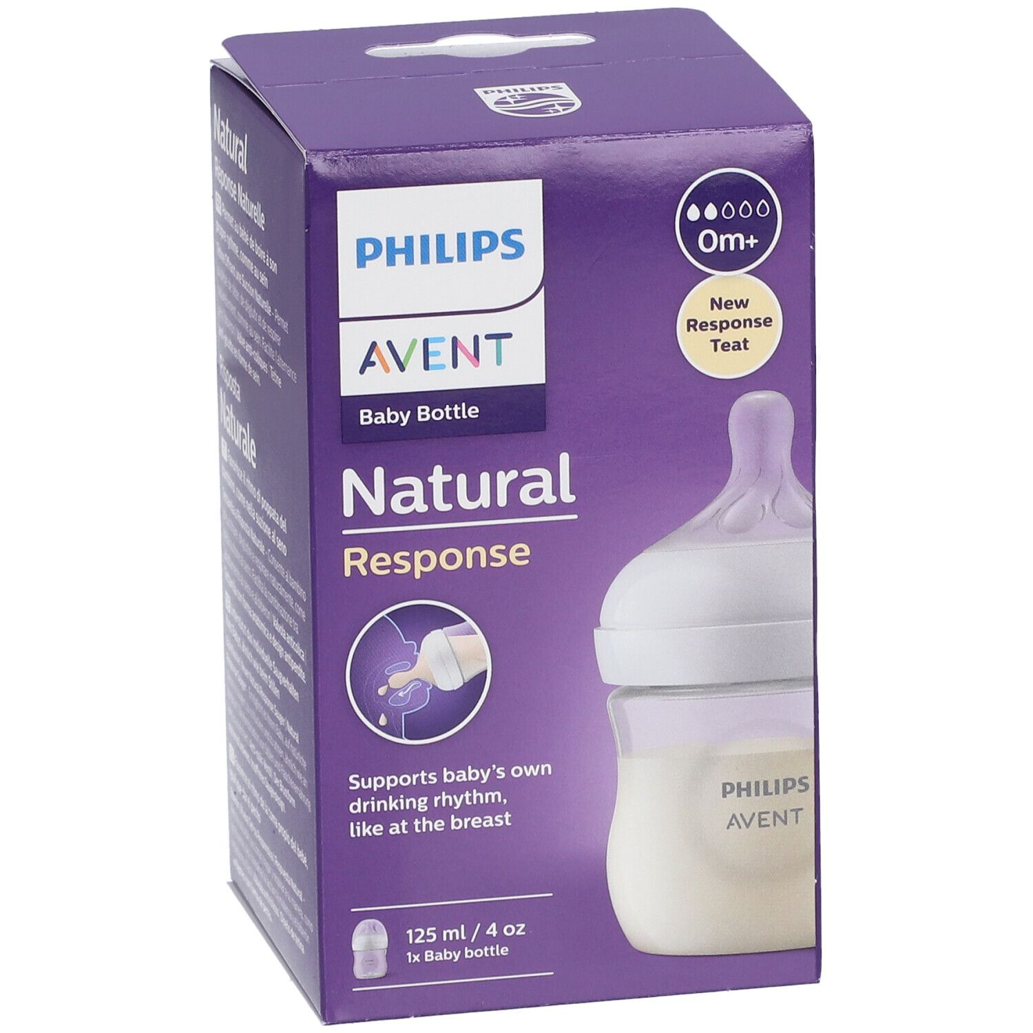 Biberon PHILIPS AVENT Natural Response in confezione viola. Bottiglia con tettarella, 125 ml. Indicazione 0m+.
