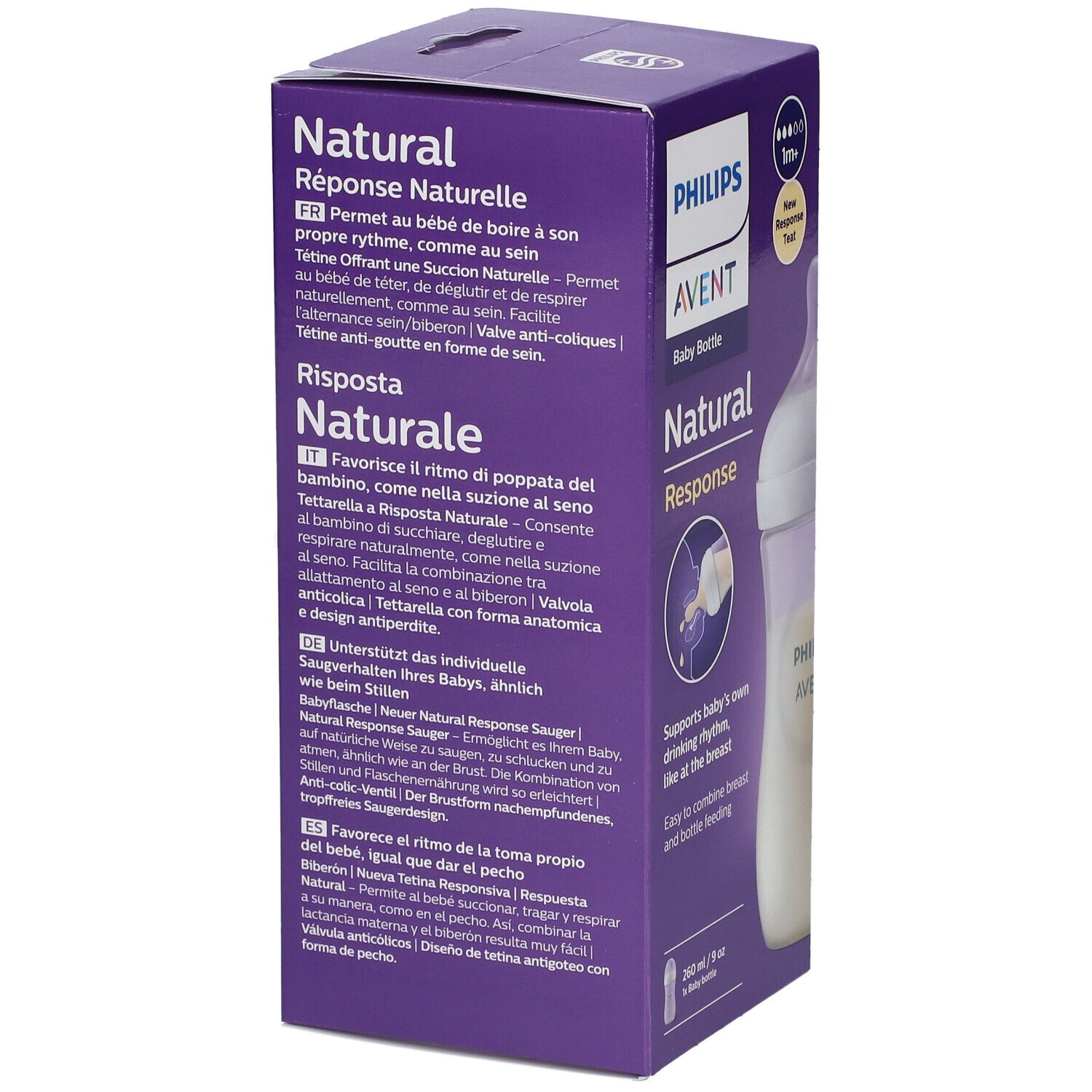 Retro della confezione del biberon PHILIPS AVENT Natural Response. Testo in più lingue.