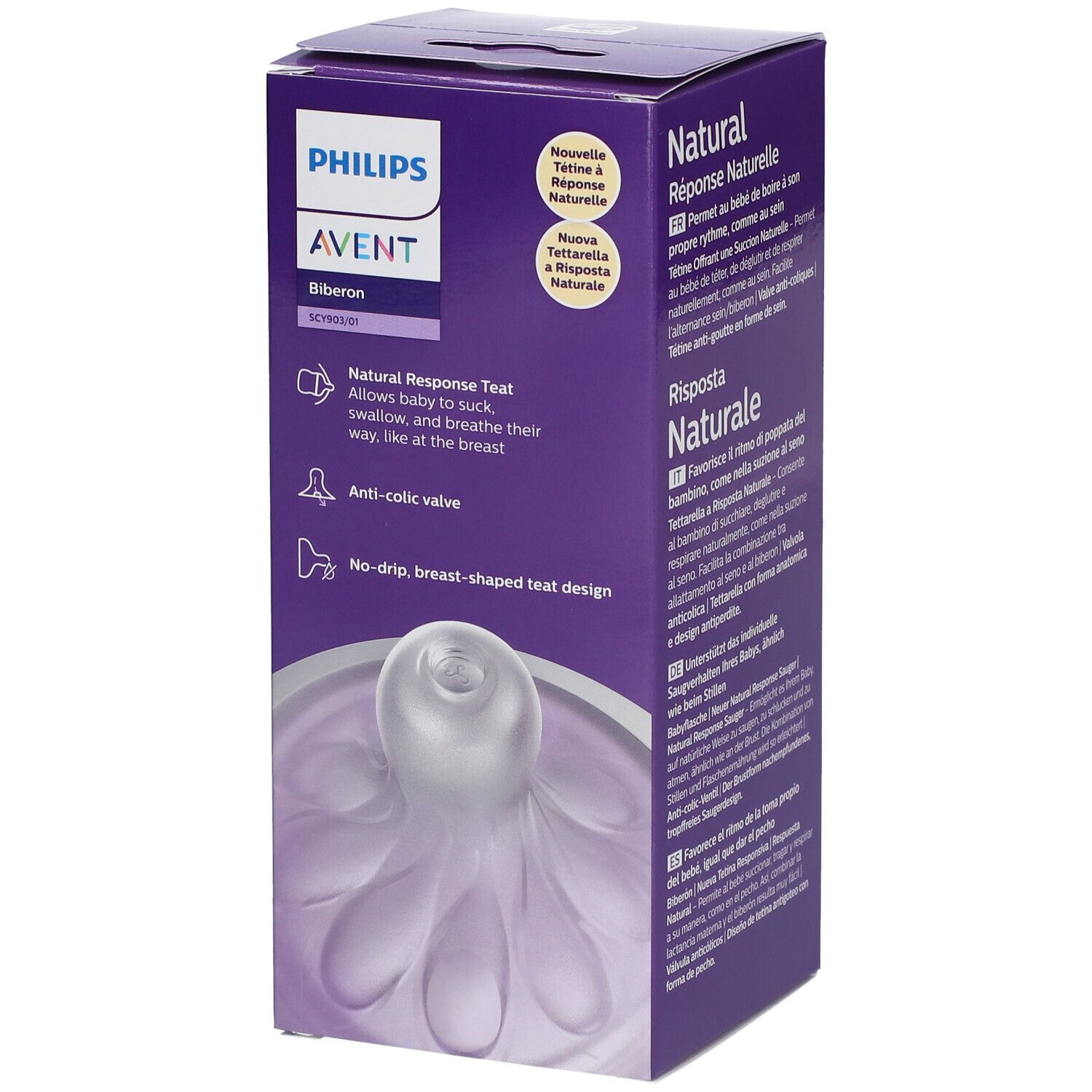 Confezione del biberon PHILIPS AVENT Natural Response. Illustrazione della tettarella. Confezione viola.