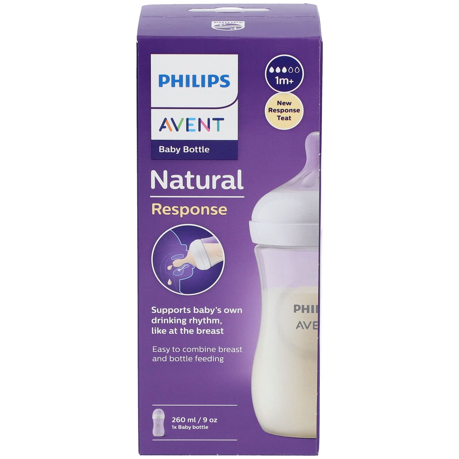 Biberon PHILIPS AVENT Natural Response nella confezione. Confezione viola, bottiglia con latte.