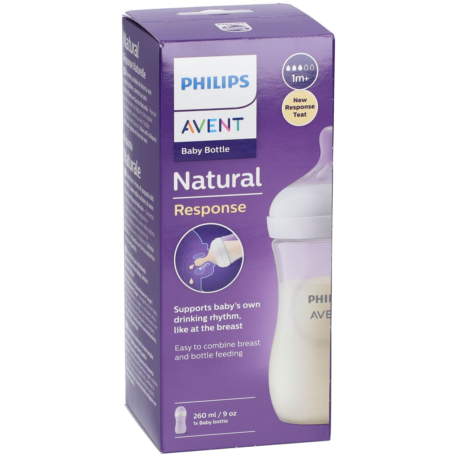 Biberon PHILIPS AVENT Natural Response nella confezione. Confezione viola, bottiglia con latte.