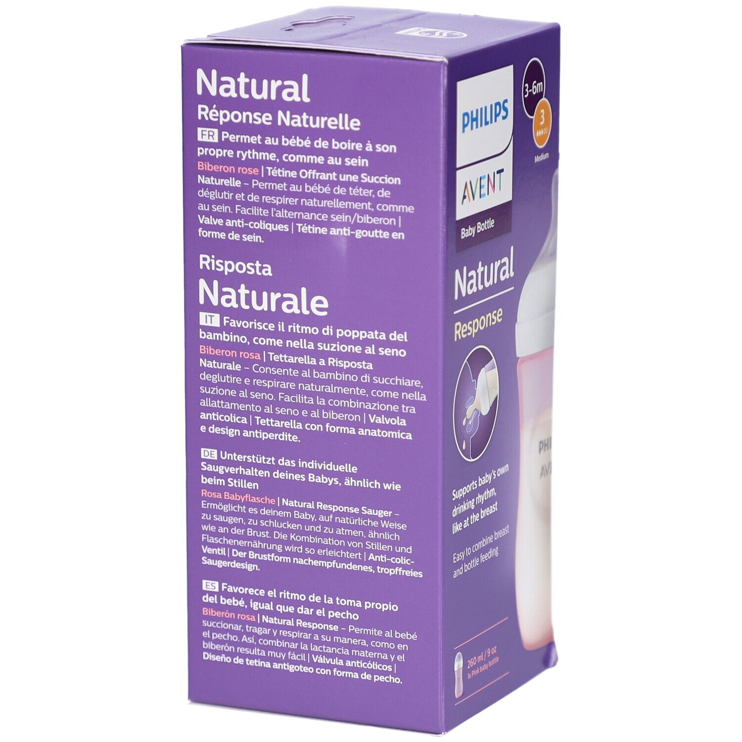 Confezione del biberon. Vista laterale con testo in più lingue. Biberon rosa con tettarella bianca.