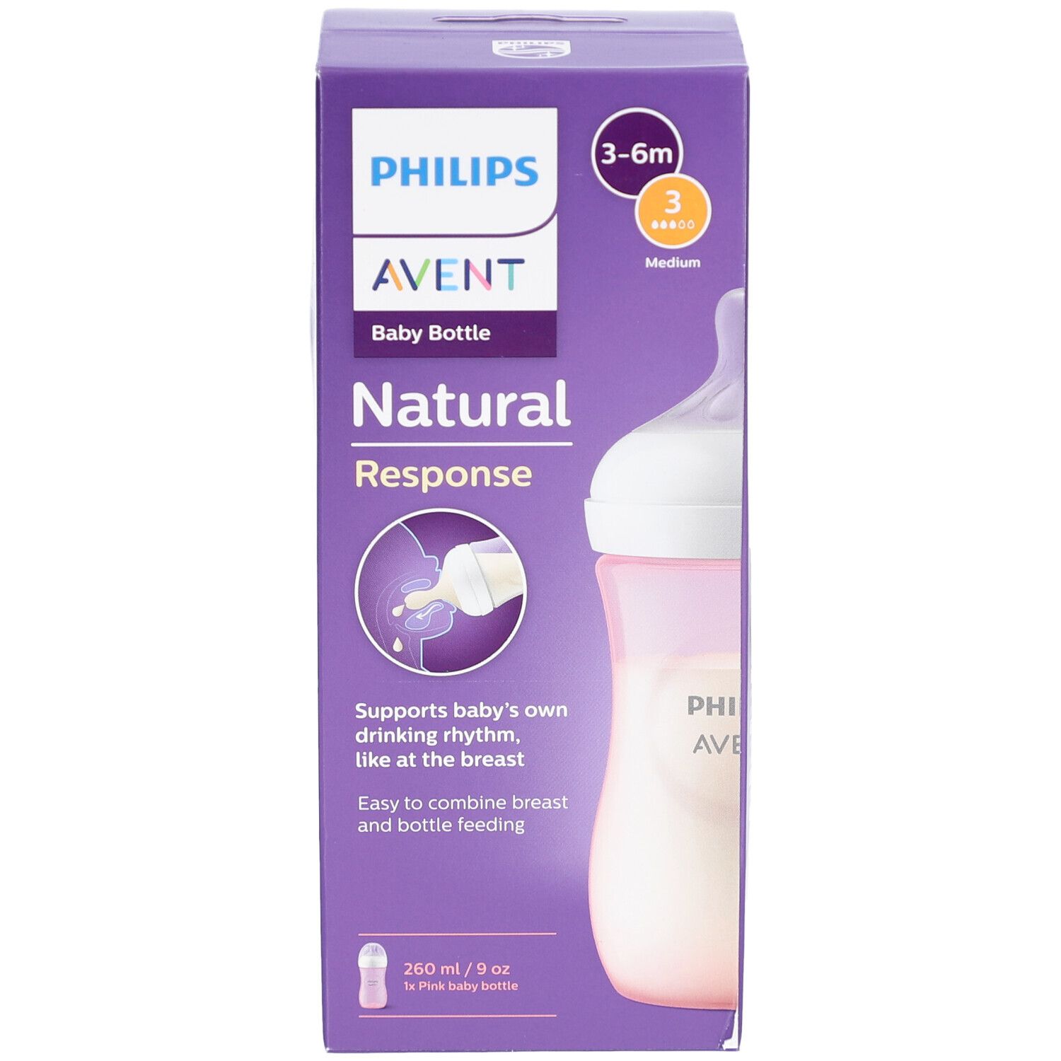 Confezione del biberon rosa. Biberon rosa con tettarella bianca. Testo: PHILIPS AVENT, Natural Response, 260 ml.