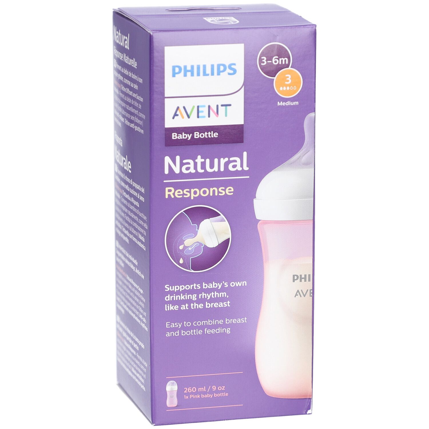 Confezione del biberon rosa. Biberon rosa con tettarella bianca. Testo: PHILIPS AVENT, Natural Response, 260 ml.