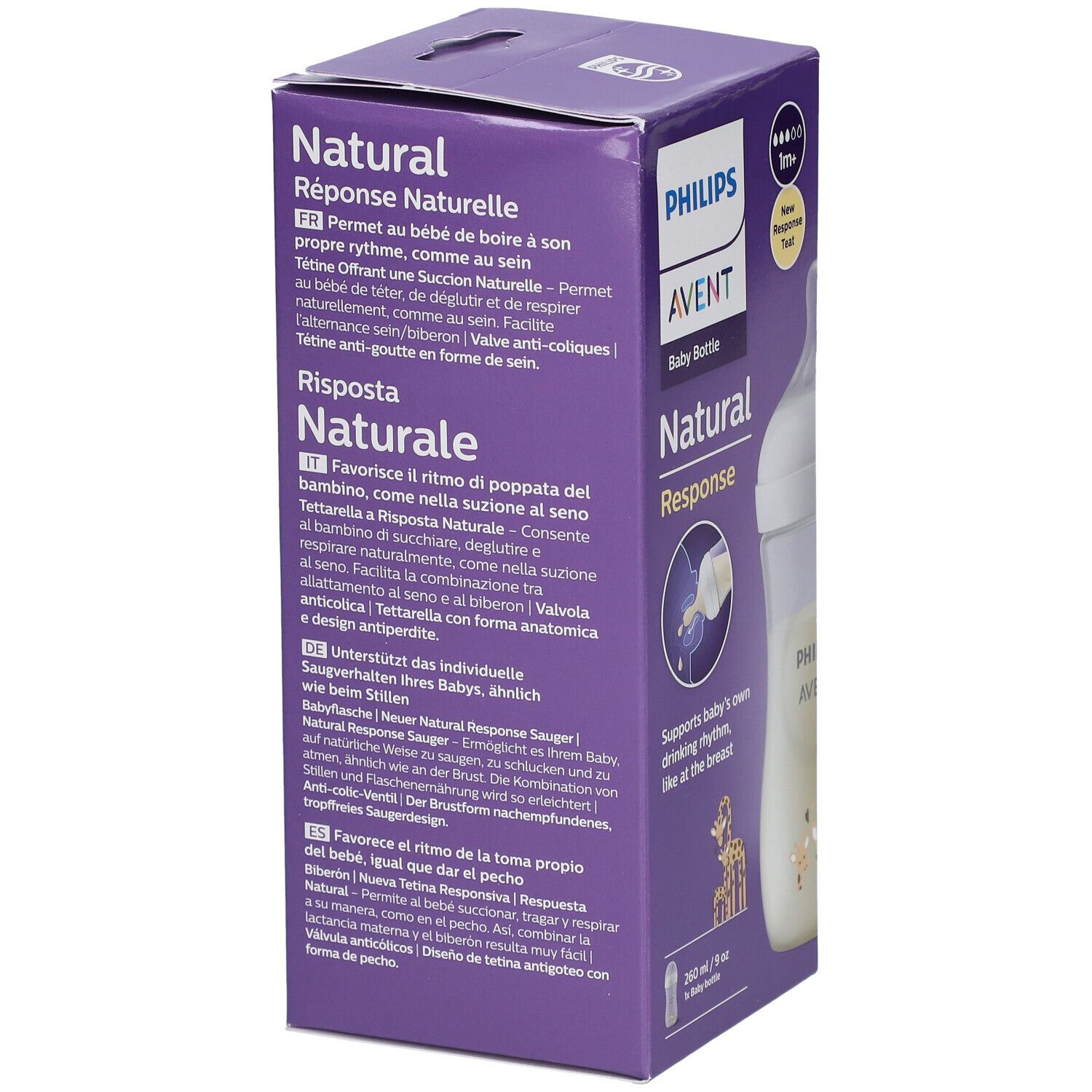Retro della confezione del biberon. Testo multilingue. Philips Avent Natural Response.