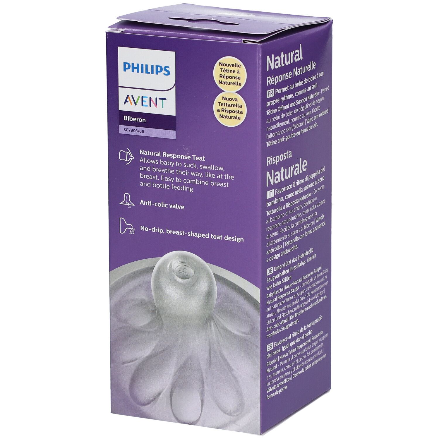Confezione biberon. Philips Avent Natural Response. Illustrazione della tettarella. Valvola anticolica.