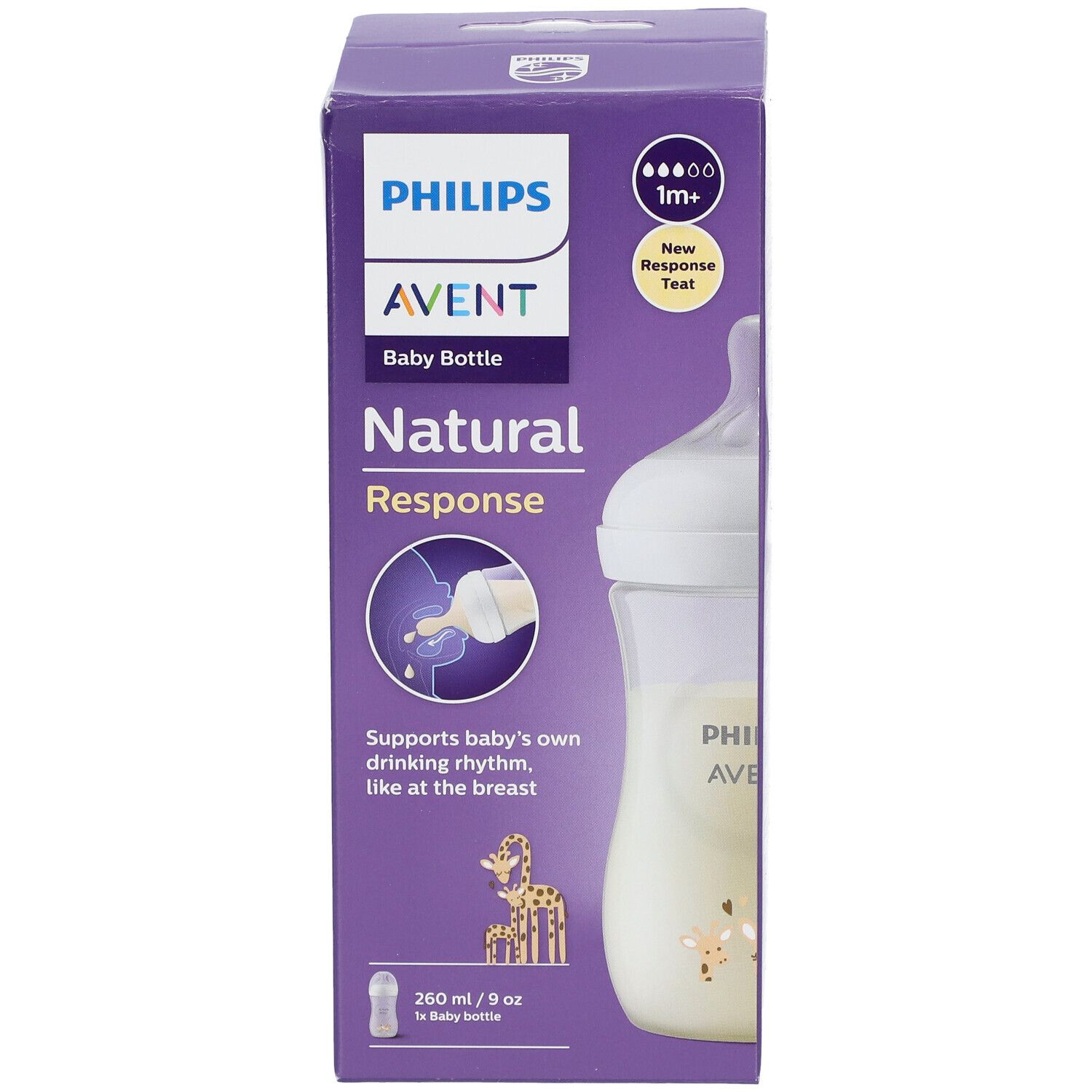 Confezione biberon Philips Avent Natural Response. Biberon e testo su sfondo viola. 260 ml.