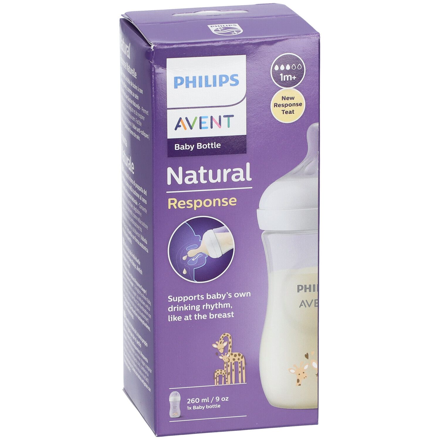 Confezione biberon Philips Avent Natural Response. Biberon e testo su sfondo viola. 260 ml.