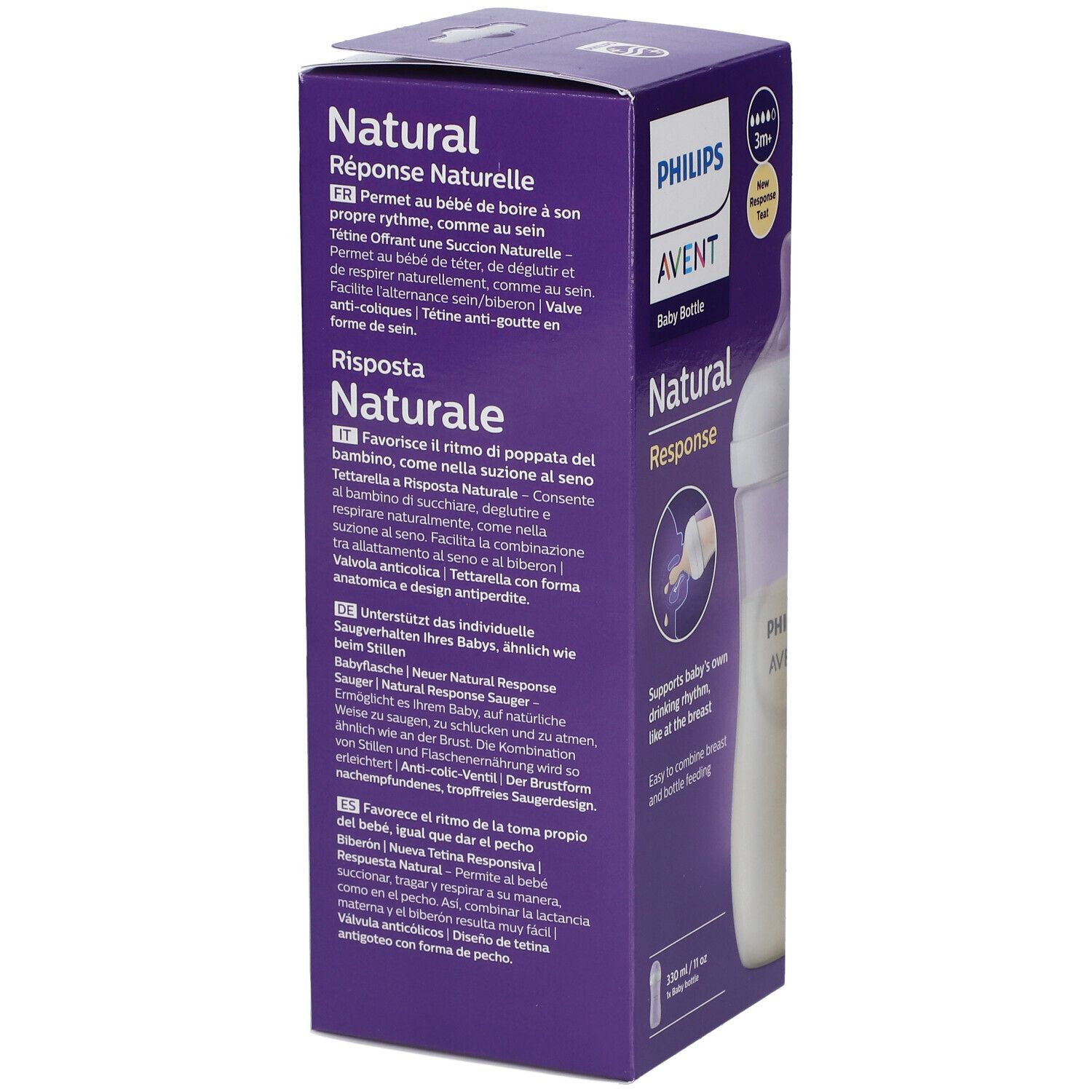 Retro della confezione del biberon Philips Avent. Testo in più lingue. Colori viola e bianco.