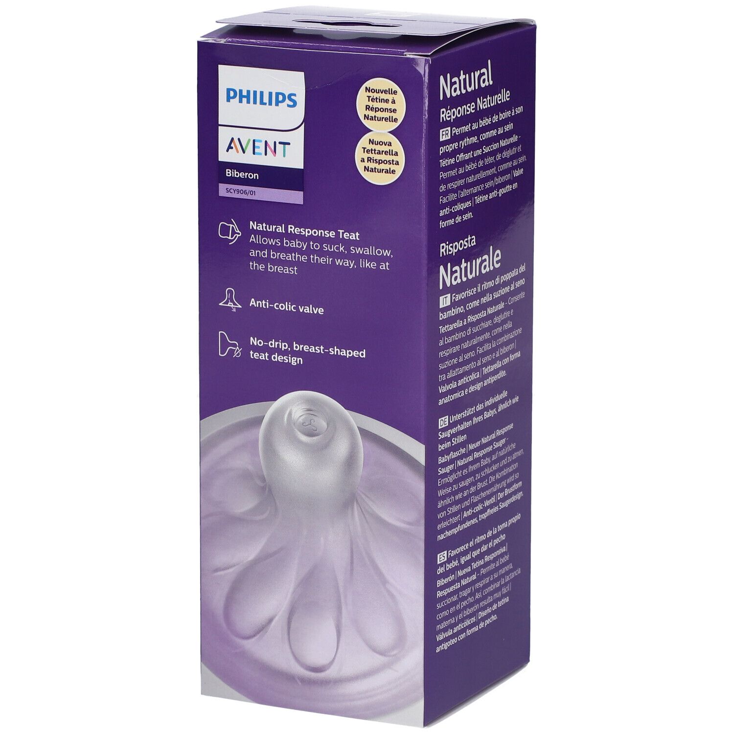 Confezione del biberon Philips Avent. Primo piano della tettarella. Colori viola e bianco.