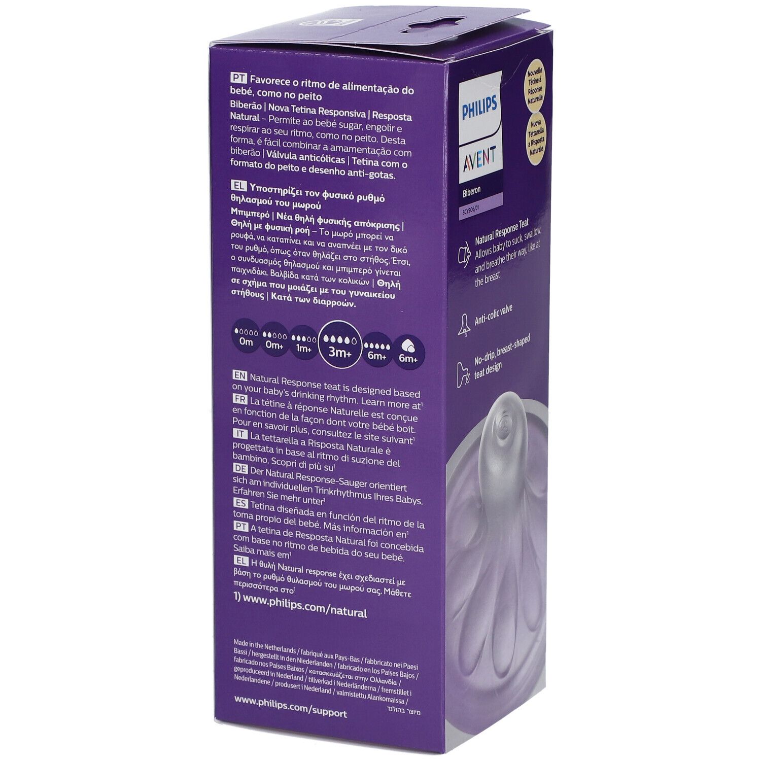 Confezione del biberon Philips Avent. Primo piano della tettarella. Testo in più lingue. Colori viola e bianco.